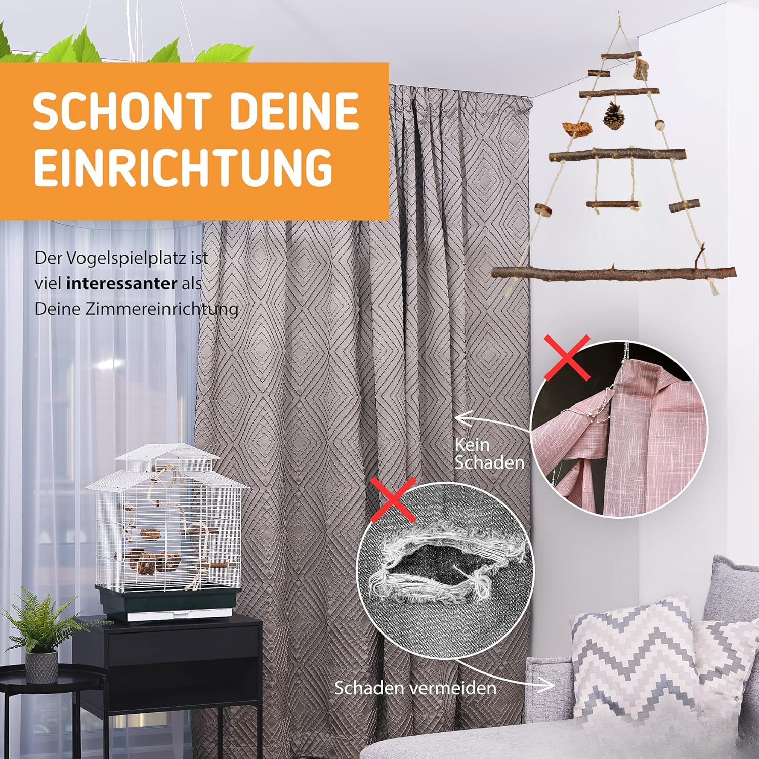 Vogelgaleria® Aire de jeu pour oiseaux en bois naturel | XXL Balançoire | Petit jouet pour perroquet | Jouet calopsitte | Aire de jeux suspendue