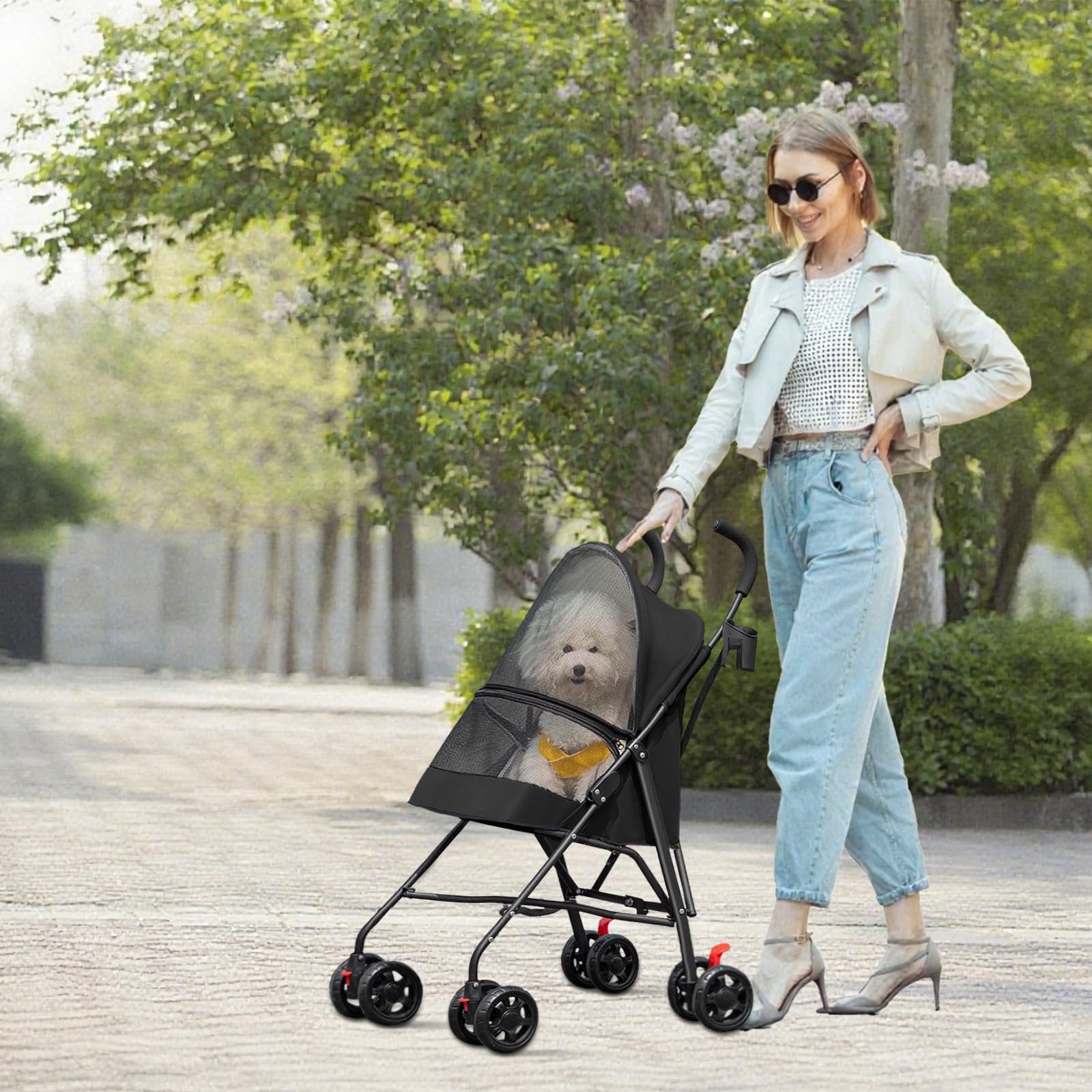 Faltbarer Hundewagen bis 15 kg – Hundebuggy in Schwarz für Kleine Hunde & Katzen mit Gepolstertem Sitz – Robuster Katzenbuggy für Outdoor & Reisen, Schmutzabweisend & Zusammenklappbar (97x55x45cm)