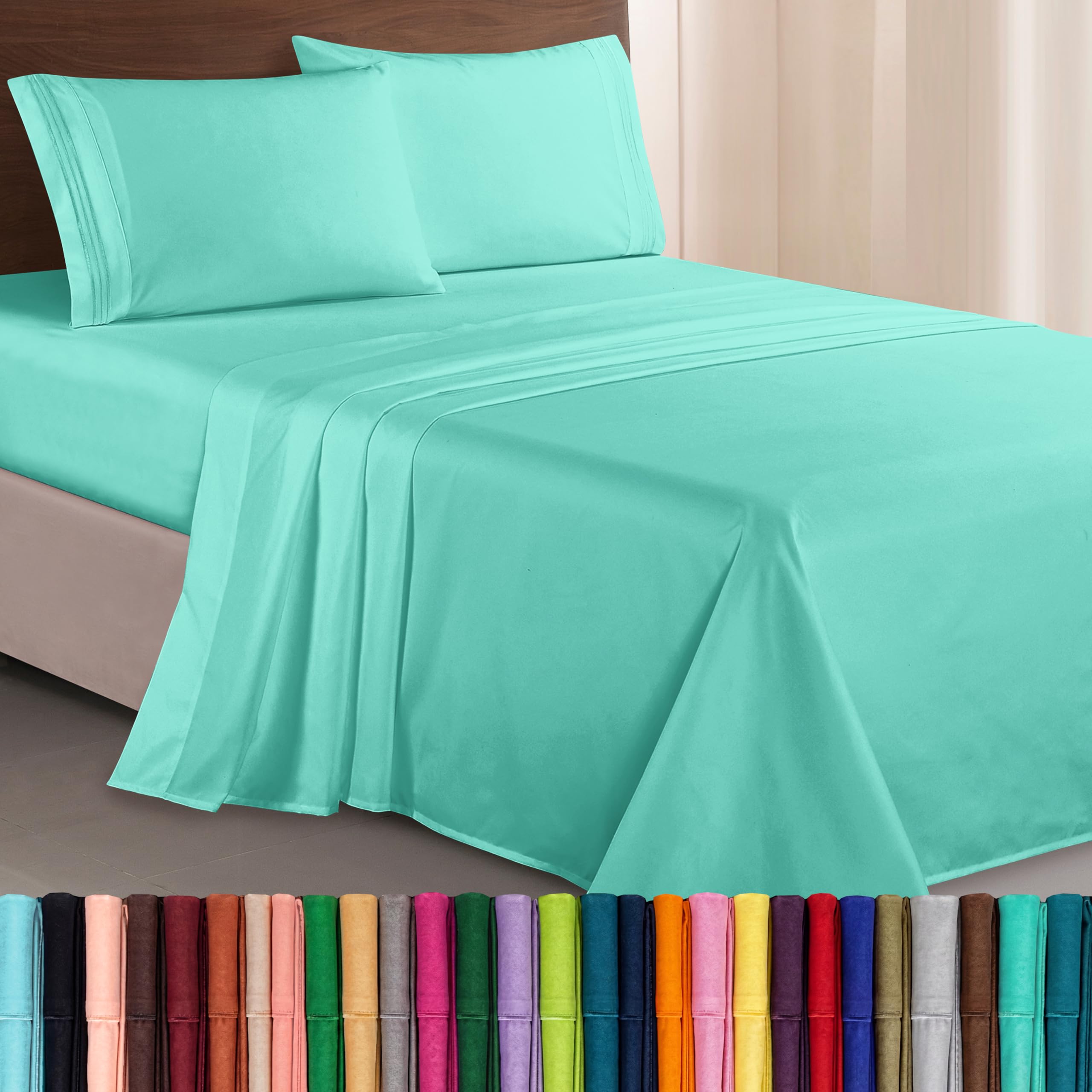 Elegant Comfort Luxurious 1500 Premium Hotel Quality Microfiber Three Line Embroidered Softest 4-Piece Bed Sheet Set, Wrinkle and Fade Resistant, Queen, Paradise Teal