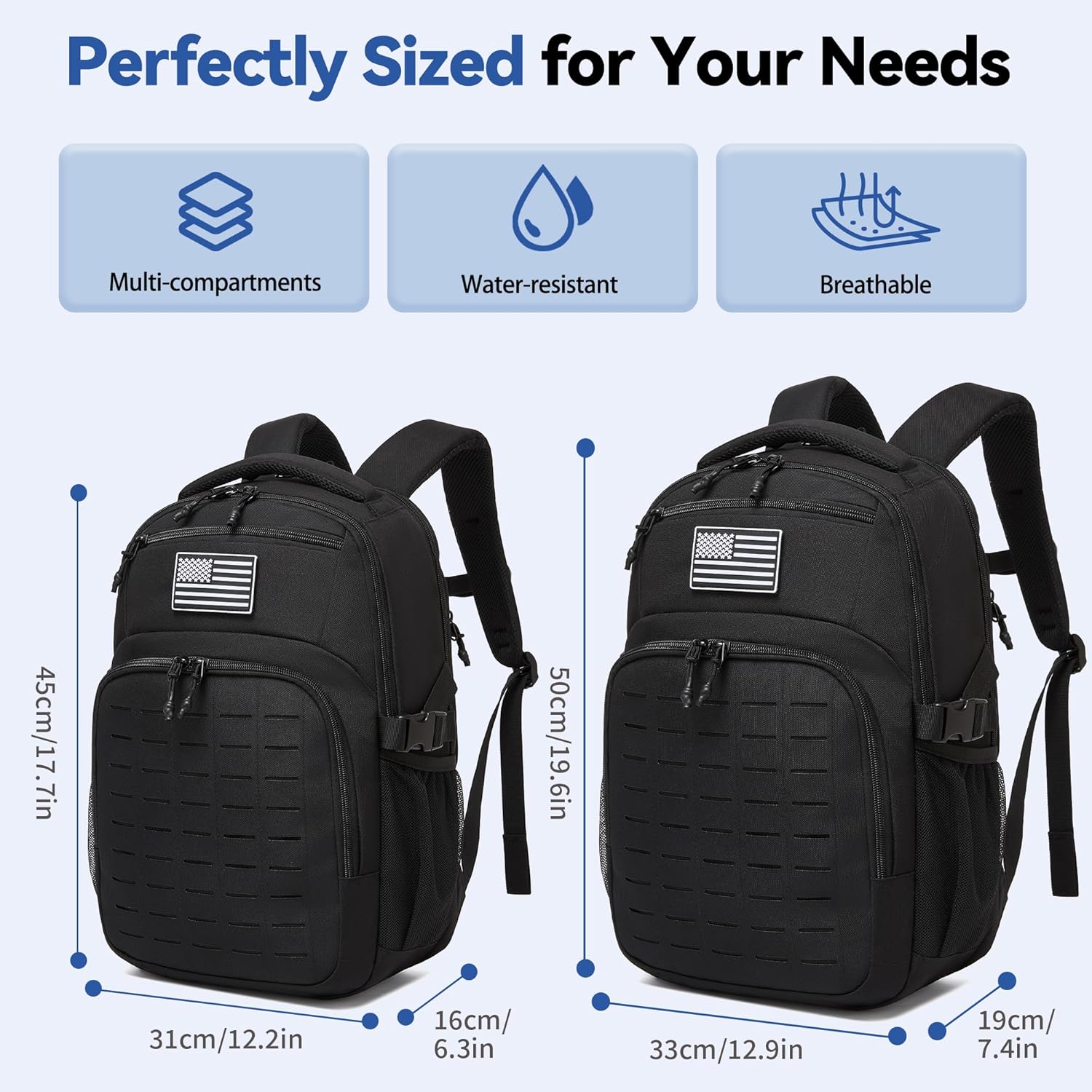 Wotony Military tactical backpack Laser-Cut MOLLE Webbing, backpack for men black small tactical assault bag (Black, 20 inch)