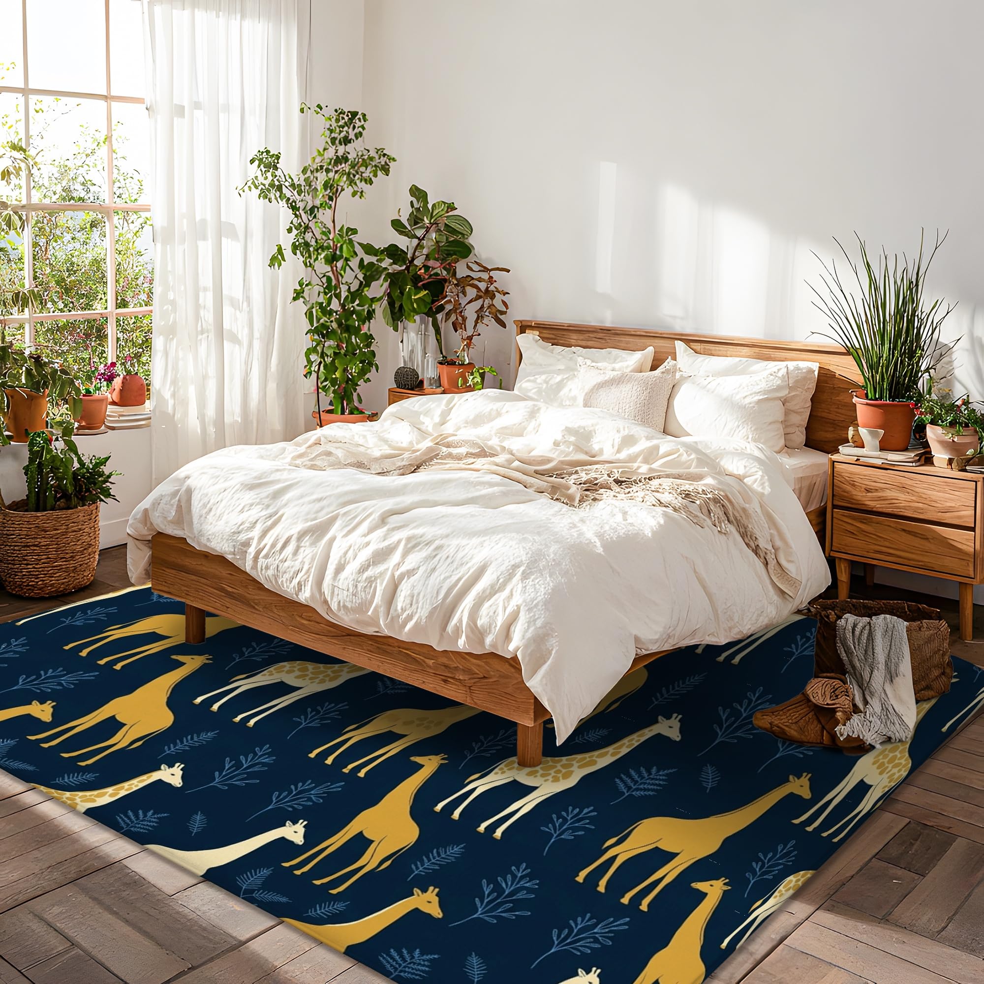Alfombra de área de jirafa, diseño de hojas de animales naturales, sin esponja, de pelo bajo, suave, rectangular, resistente a las manchas, para sala de estar, dormitorio, debajo de la cama