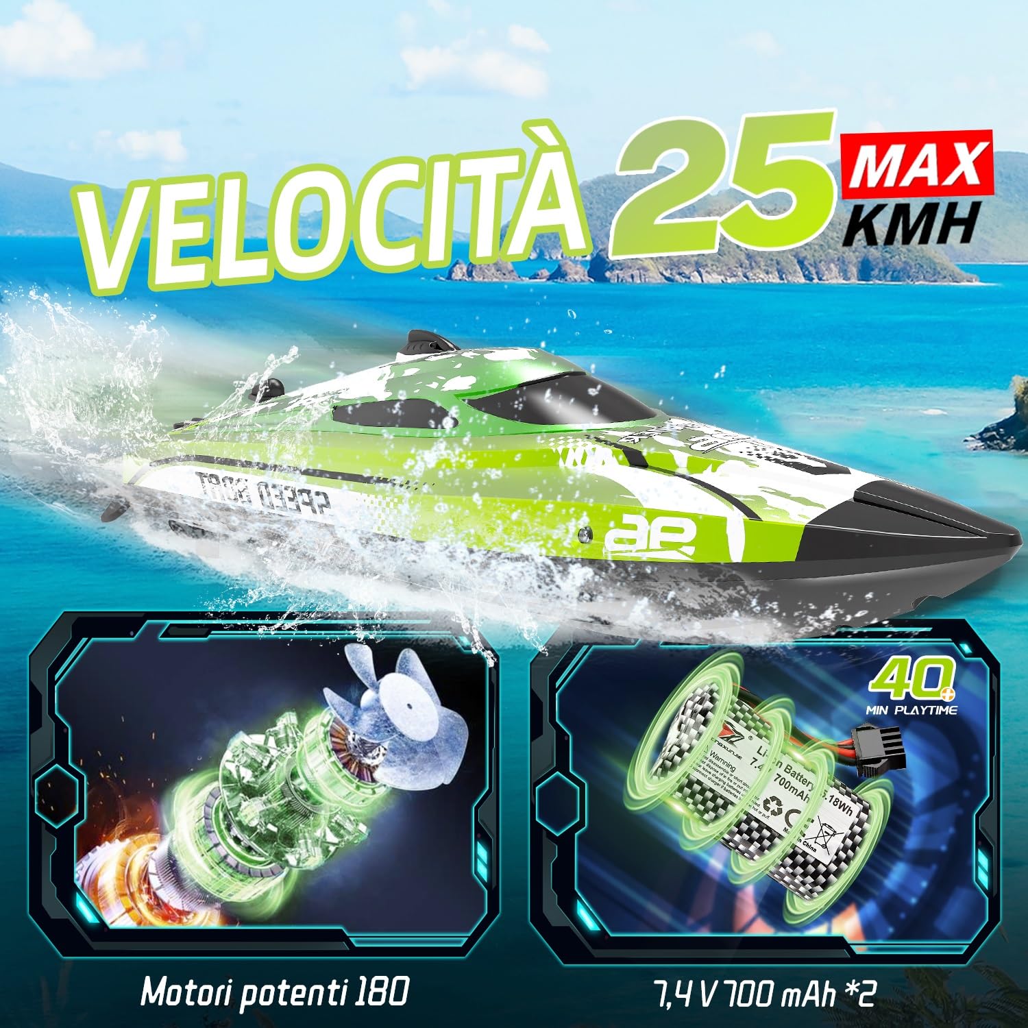 25KM/H Barca Telecomandata da 6 a 8 Anni, Motoscafo Radiocomandato con Luce LED, Barca Radiocomandata a 2.4GHz, 2 Batterie per 40 Minuti di Gioco, Motoscafo Telecomandato per Adulti e Bambini (Verde)