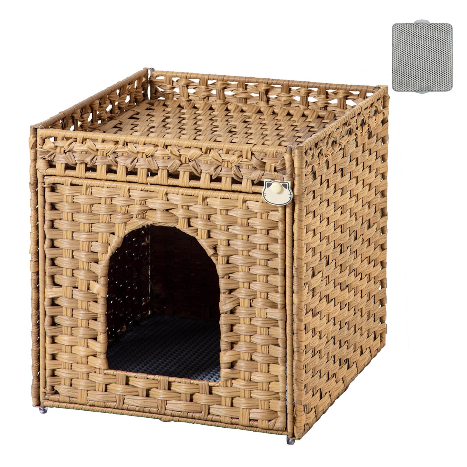 handwoven rattan cat litter box enclosure furniture with front entrance and litter mat