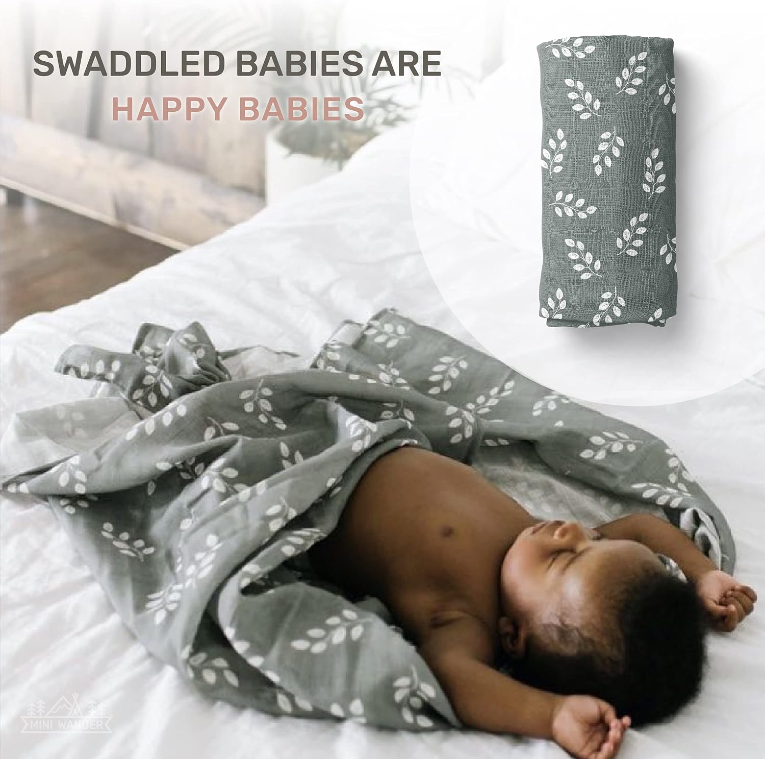 Mini Wander Swaddles for Newborns Muslin Swaddle Blankets - Breathable Soft Gender Neutral Receiving Blanket Baby Essentials | 47 x 47 Cotton - (Leaves Storm Blue)