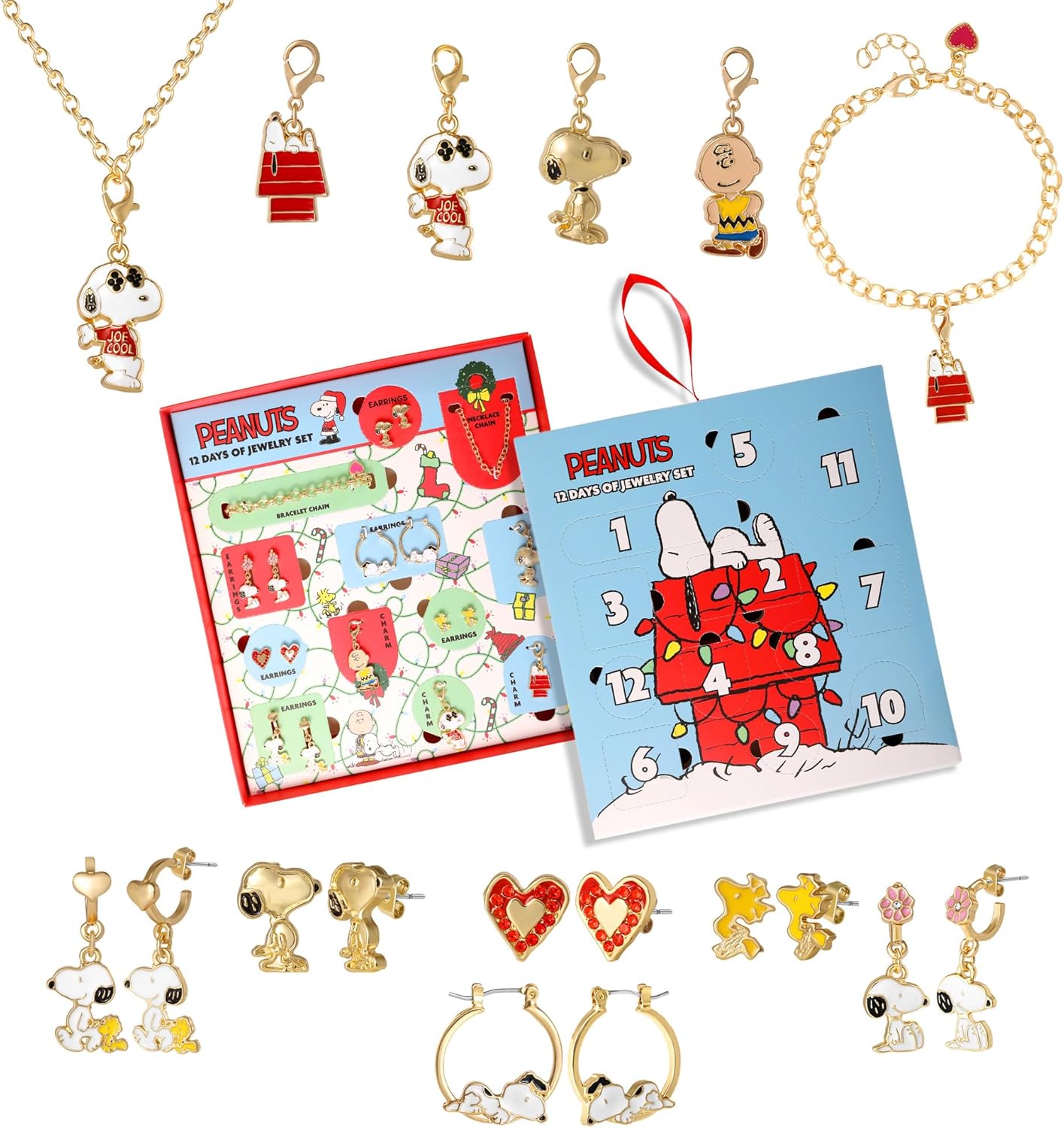 Peanuts Snoopy Jewelry Advent Gift Set: 12 Piece Earrings Necklace Bracelet & Charms Mix & Match Christmas Calendar Set