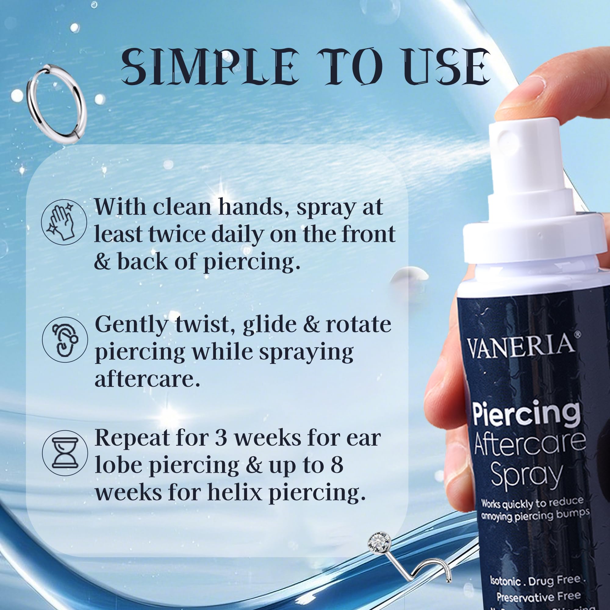 VANERIA Piercingspray Piercingcare, Spray Cuidado Post-Punción, Tatuajespray Para la perforación de orejas, nariz y otras partes del cuerpo 60ml