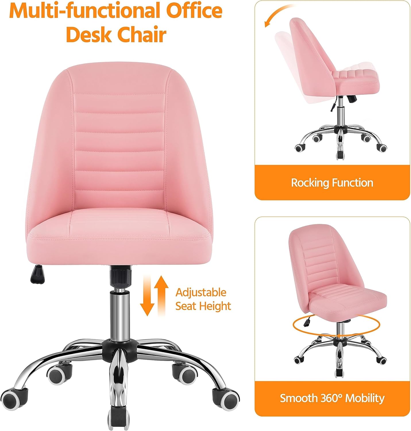Yaheetech Mid Back PU Leather Armless Desk Office Chair, Modern Comfy Vanity Chair with Rolling Wheels, Metal Base Pink