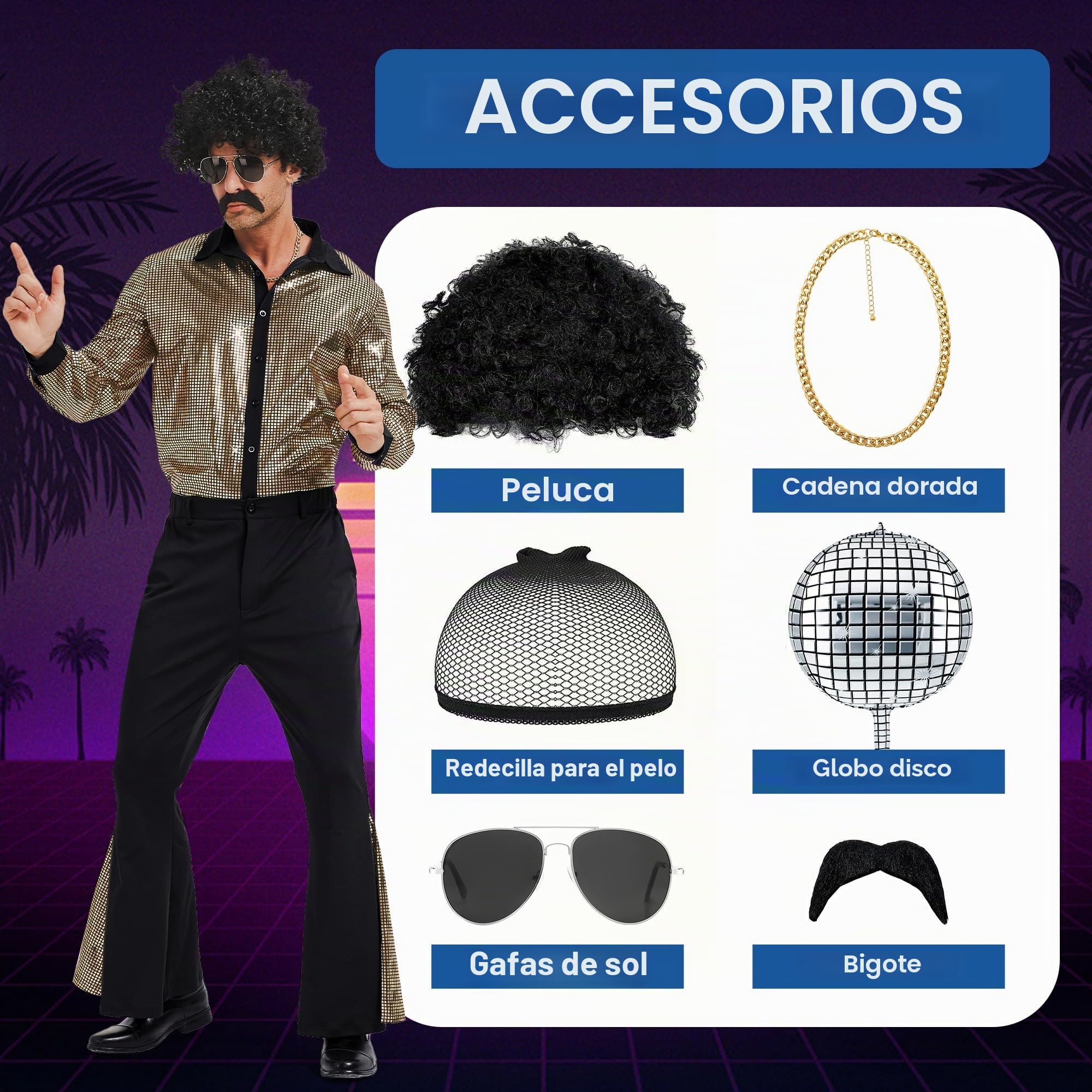 Hombres 70s Disco Adulto Disfraz de Halloween Incluye Camisa Retro Pantalones de campana Peluca Gafas de sol Collar Bigote Peluca Gorro para Fiesta