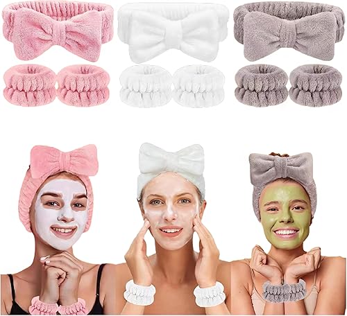Miniatura 1 de Juego de 9 diademas reutilizables de spa, muñequeras y lavado facial, que consta de 3 diademas de microfibra y 6 muñequeras.
