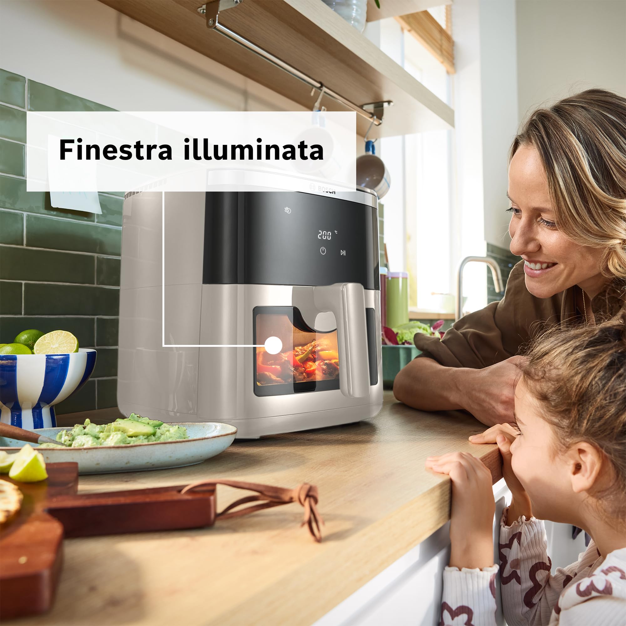 Bosch Serie 6 Friggitrice ad Aria MAF671C0, Air Fryer XXL, Capacità 7,2 L, 7 Programmi Preimpostati, Finestra sul Cestello Illuminata, Cottura Fino al 65%* Più Veloce, Beige