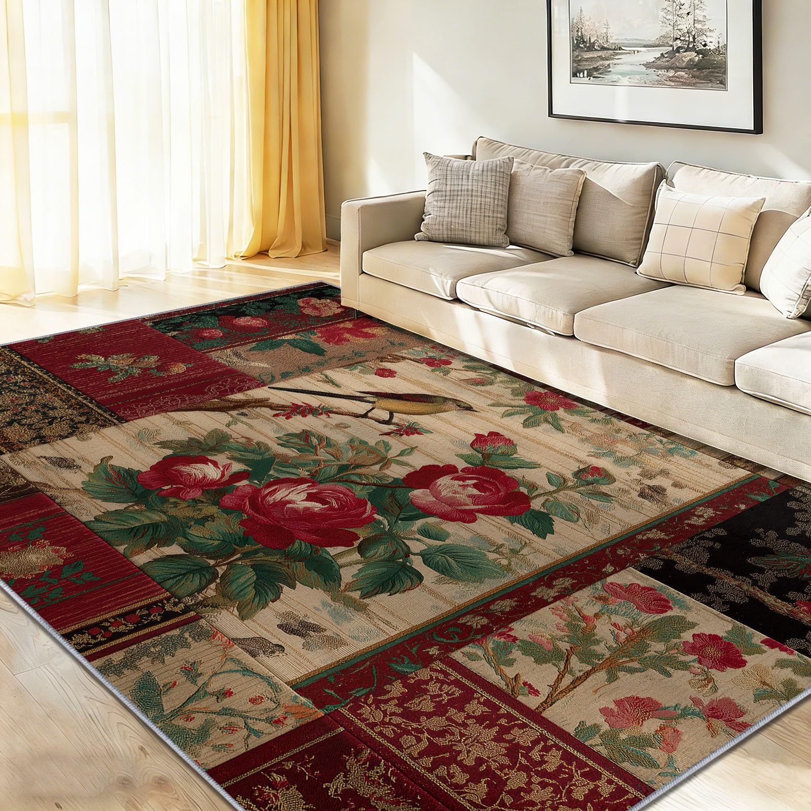 Tapis de chambre 60x120 cm vintage floral multicolore lavable