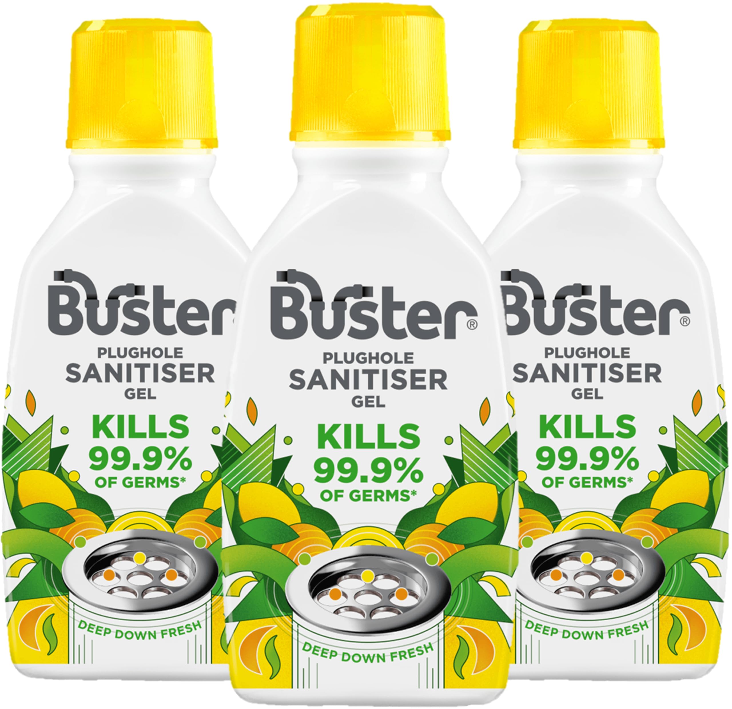 BusterSanitiser Gel Citrus, 300ml, Pack of 3 – Stop Smelly Plugholes, Sinks & Drains - Removes Stains & Kills 99.9% Germs - Fast Acting - Long Lasting Sink & Drain Freshener