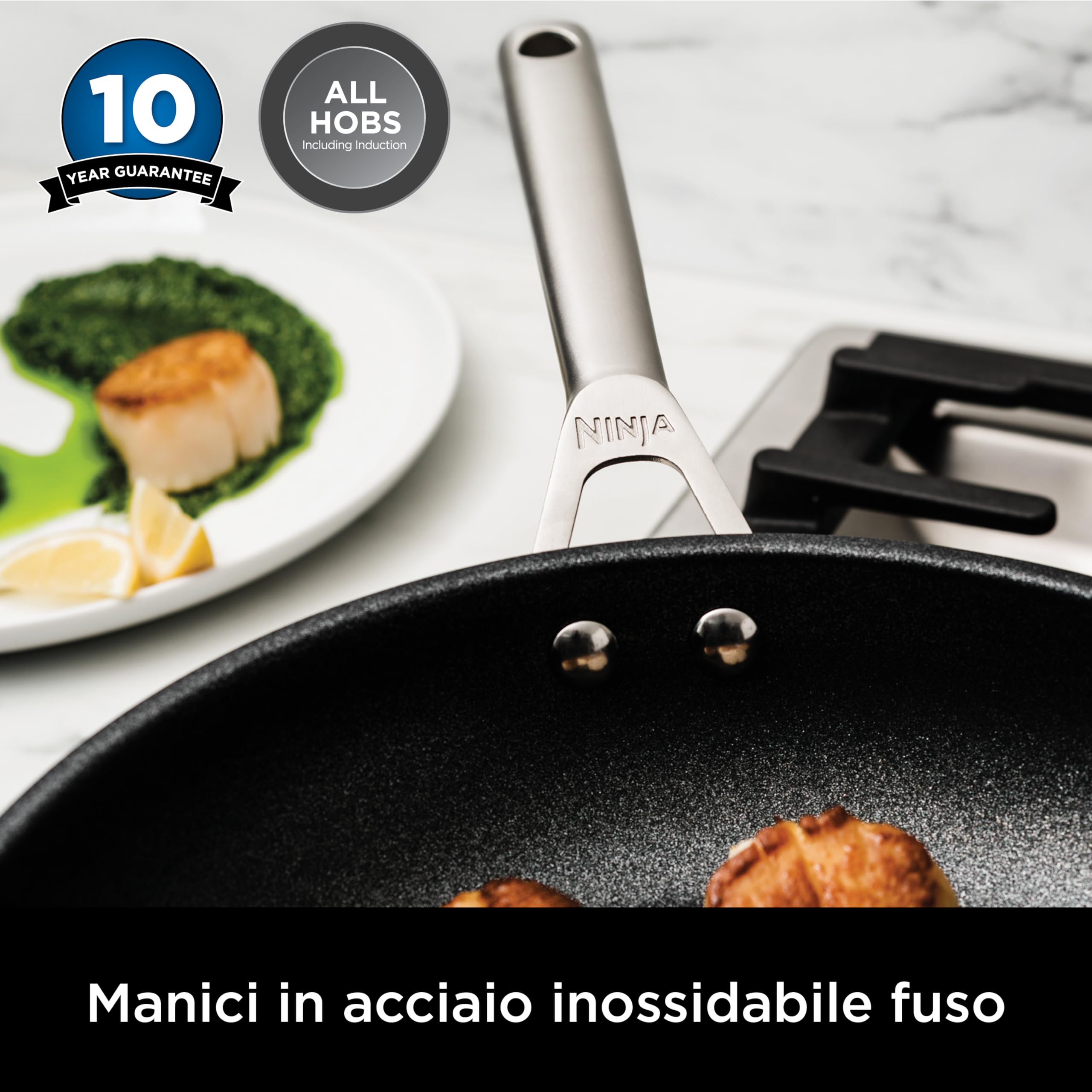 Ninja Foodi ZEROSTICK Set 3 Pentolini Acciaio Inox C63000EU | 16cm, 18cm, 20cm, Coperchi in Vetro Temperato, Antiaderenti, Compatibili Piani a Induzione, Forno a 260°C, Lavastoviglie