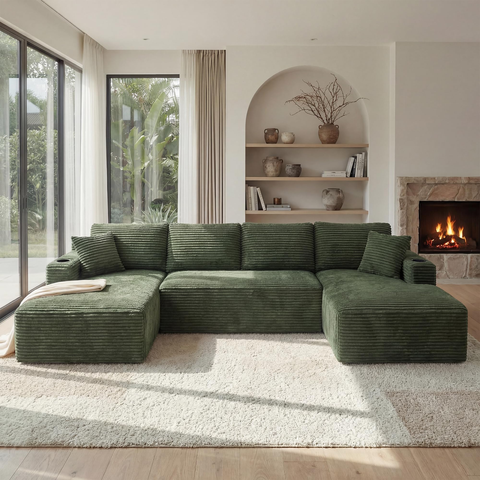 125" Oversized Cloud Boneless Couch with Chaise, Modern Modular Sofa with Deep Seat, Corduroy Upholstered U Shaped Couch for Living Room, No Assembly Required (Green)