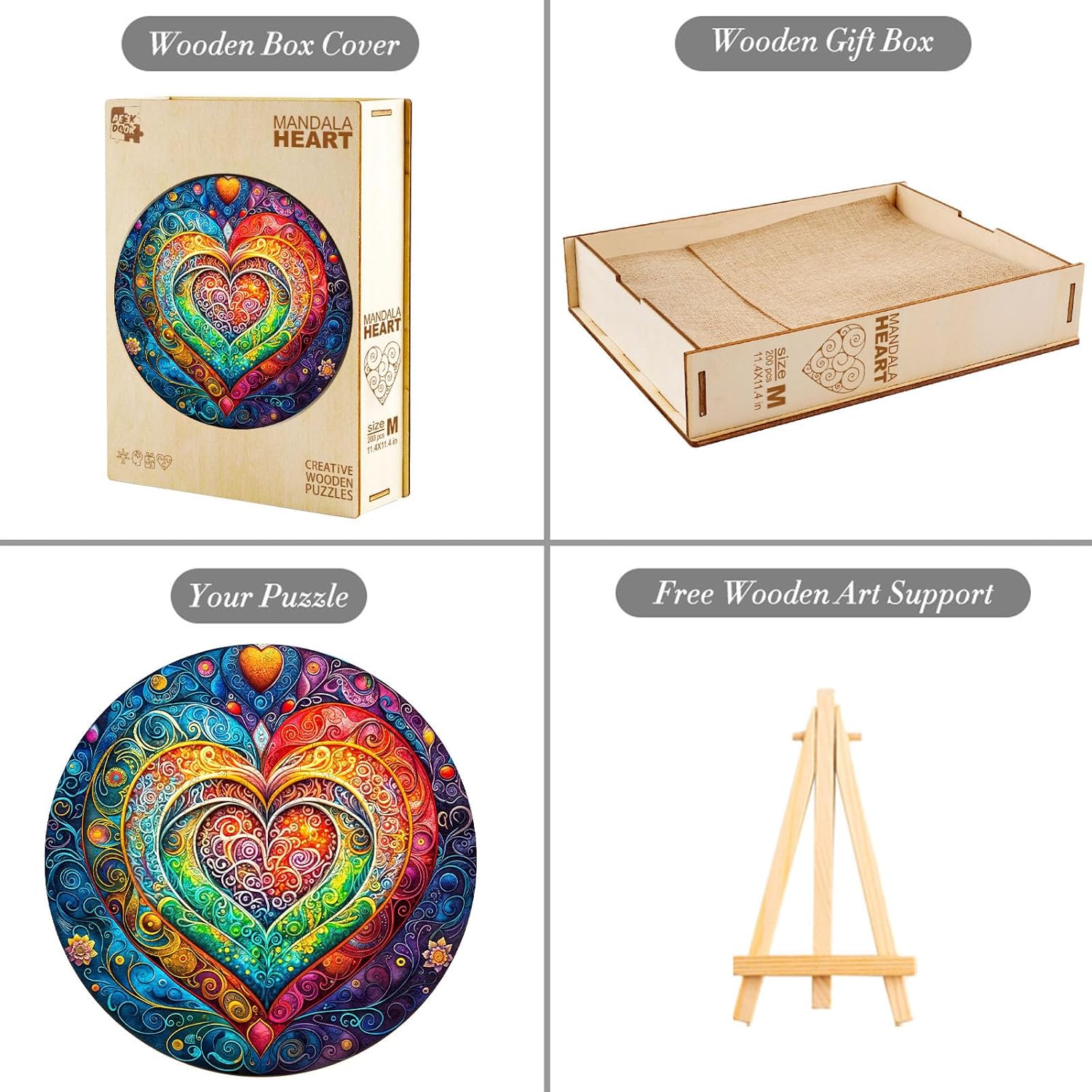 Wooden Puzzles for Adults - Mandala Heart Wood Puzzles Adult - Unique Animal Shape Wooden Jigsaw Puzzles for Adults - Birthday Gifts for Puzzle Lovers (M-11.4 * 11.4in - 200 Pieces)