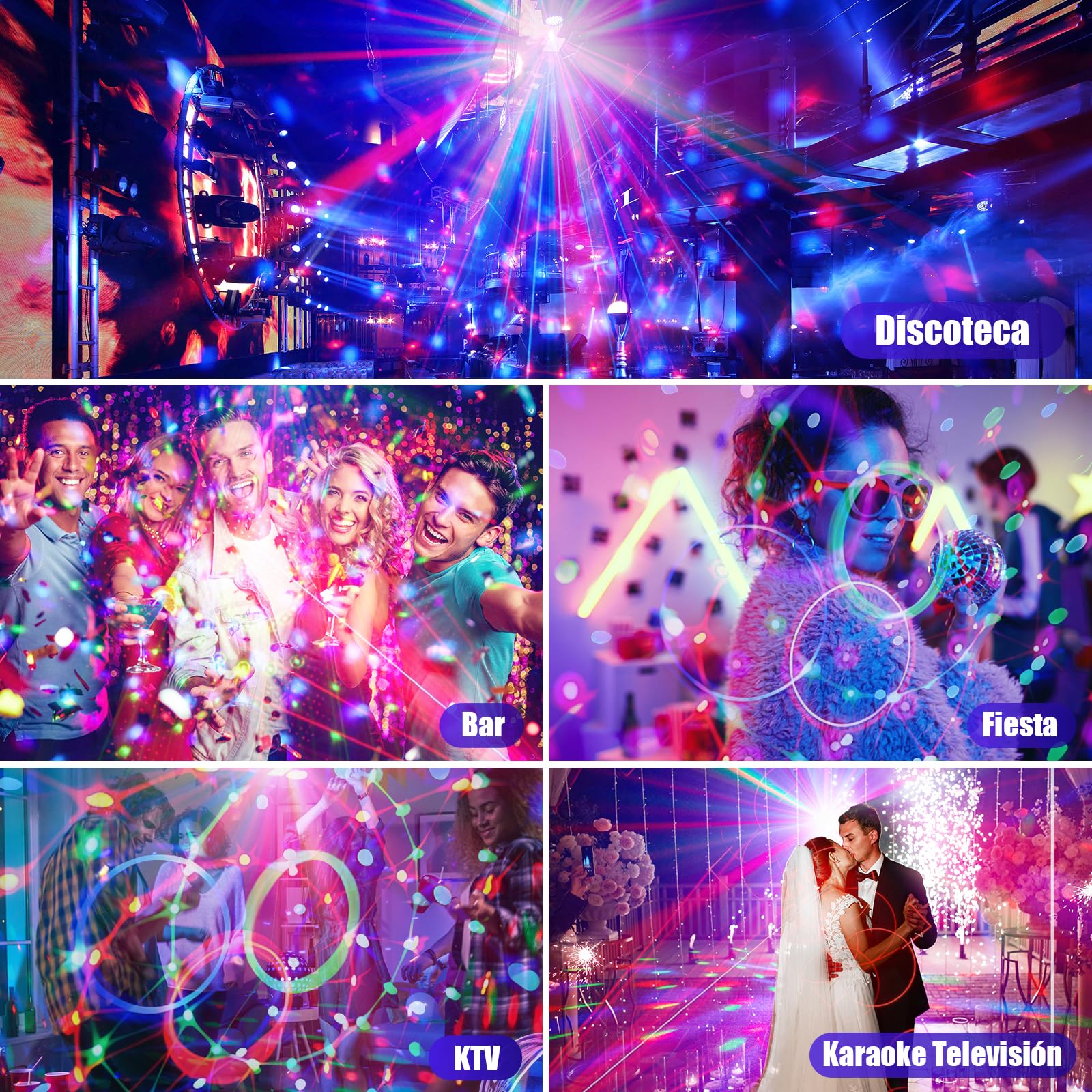 Luces Discoteca, Bola de Discoteca Giratoria 360° + Luces DJ con Control por Música, Luces Discoteca para Casa RGB con Mando a Distancia para Fiestas, Cumpleaños, Karaoke, Navidad (2 Piezas)