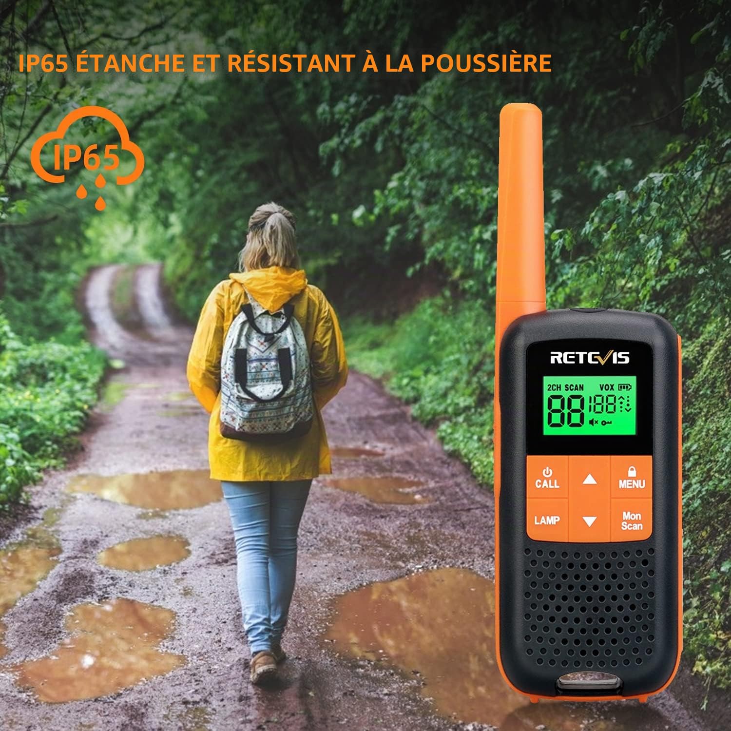 Retevis RT649 Talkie Walkie, Rechargeable PMR446 Toki Walki IP65 Étanche | Takie-Walkie Longue Portée, Camping Chasse, 1200 mAh Radio avec Chargeur de Bureau USB, Serrure à Clavier, Lampe de Poche