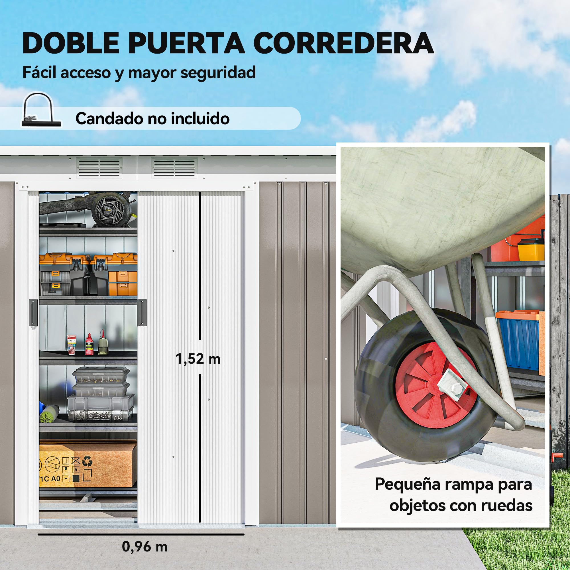 Outsunny Caseta de Jardín Exterior 3,2 m², 280x130x172 cm, Cobertizo de Jardín Exterior Metálico con Puerta Corredera, Techo Inclinado, Base Refuerzo (Suelo NO Incluido) y 2 Ventanas, Gris Claro — view 4