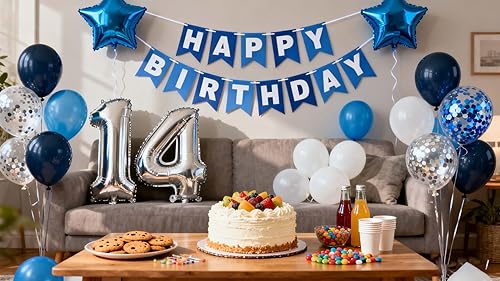 Miniatura 10 de Decoración de fiesta de cumpleaños número 13 para niños, pancarta de feliz cumpleaños, globos azules del número 13, globo de látex de confeti para