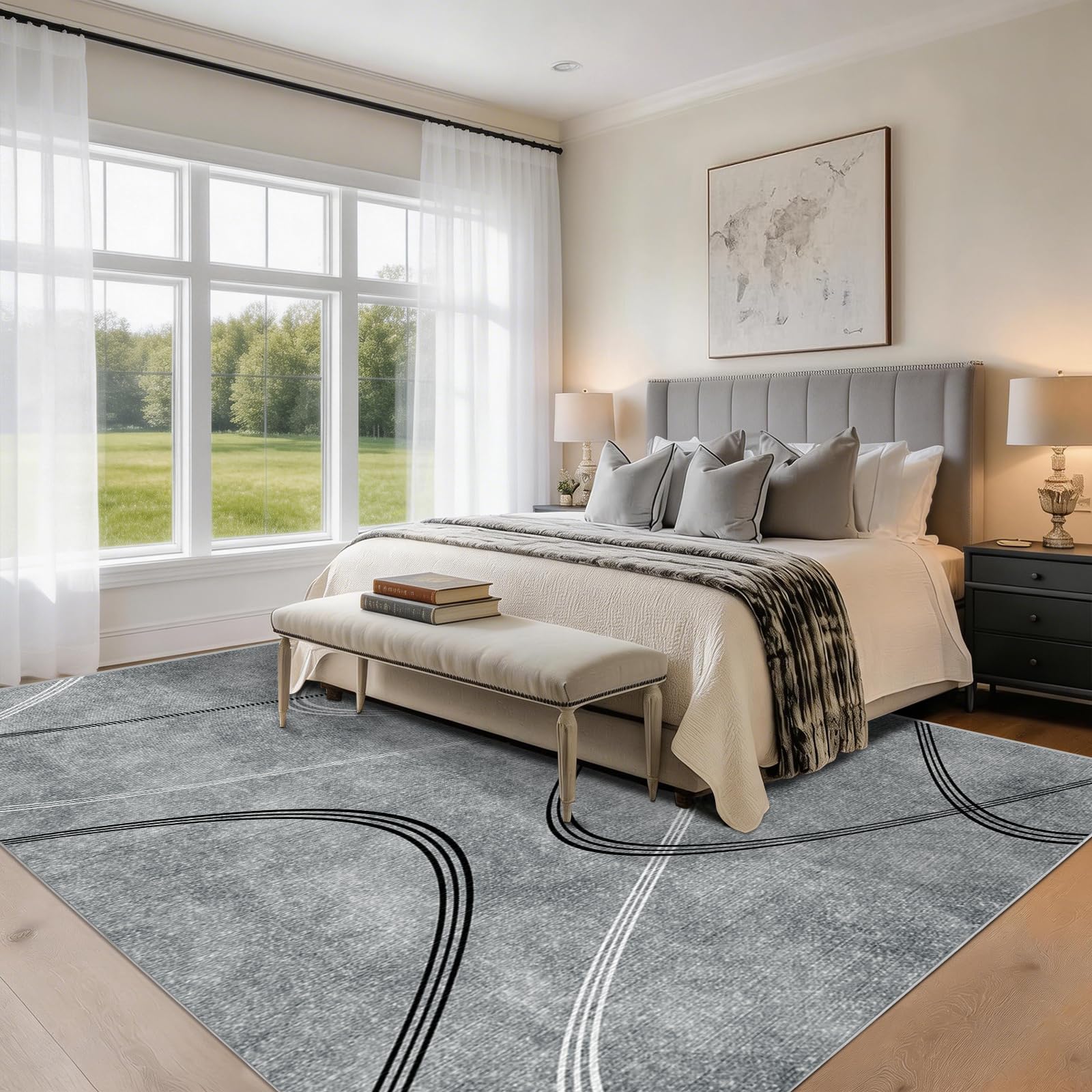 Alishomtll Alfombra de salón gris de pelo corto, 160 x 230 cm, diseño de líneas geométricas, con parte inferior antideslizante, moderna, suave, lavable, alfombra de cocina para dormitorio, entrada y
