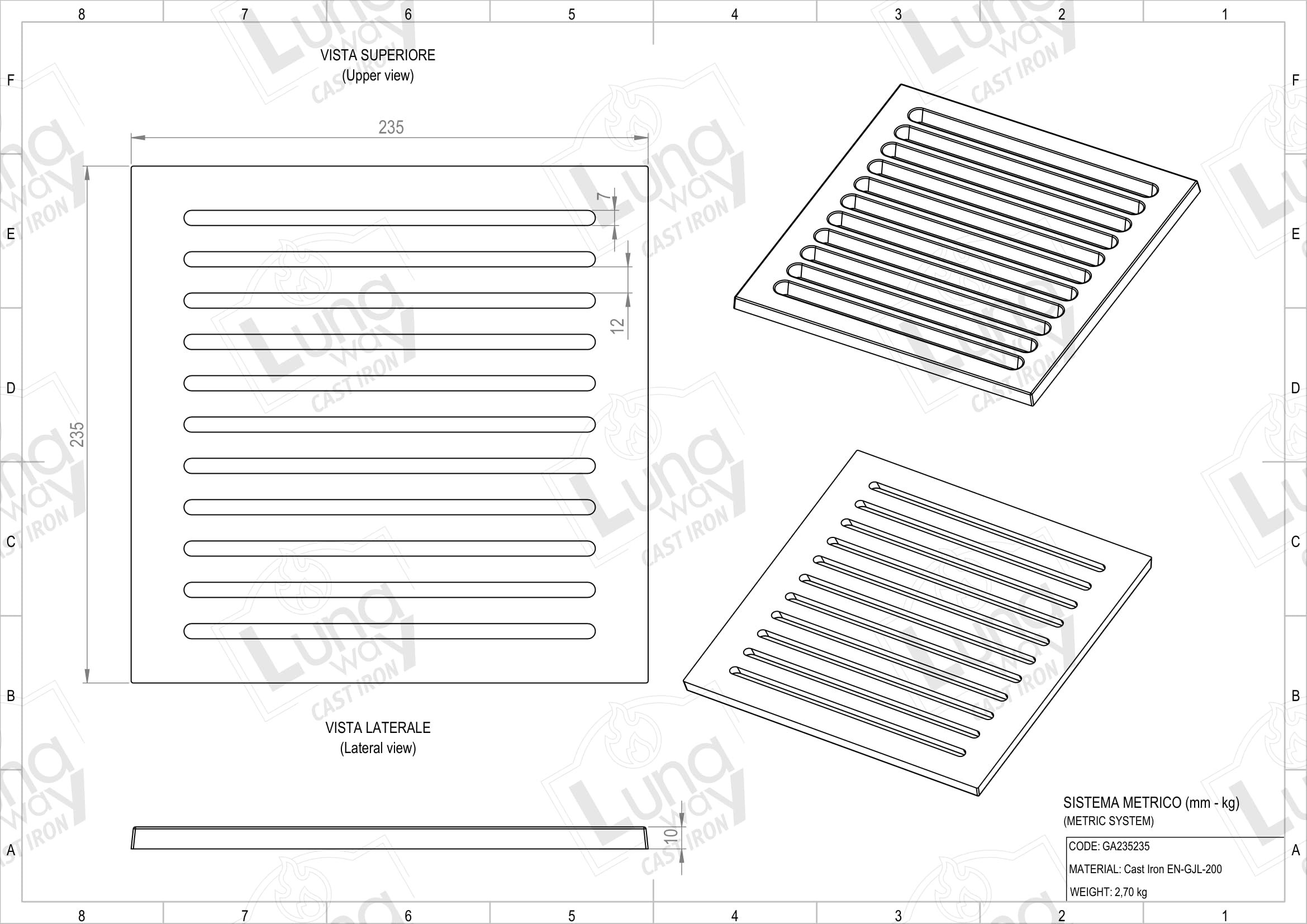 23,5 x 23,5 x 1 cm - LUNAWAY żeliwny grill | Poprawia ciągnięcie | Odporny na wysokie temperatury | Łatwe usuwanie popiołu w kominkach i piecach na drewno i pellet