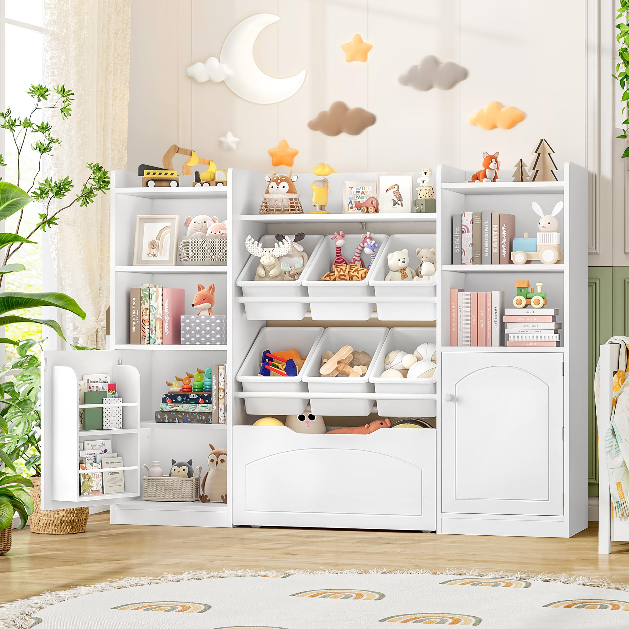 FINETONES 55” Toy Storage Organizer with Removable Bins, 5-in-1 Kids Bookshelf with Movable Chests and Book Shelves Behind The Doors, Toy Organizer Playroom with 6 Toy Bins and 8 Storage Cubes, White