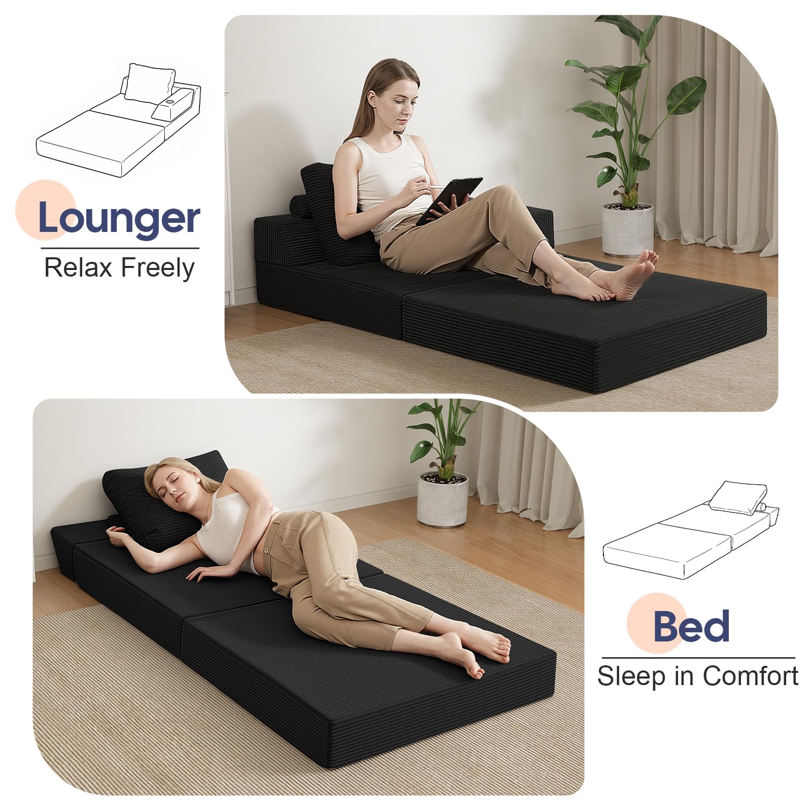 COMAX Folding Sofa Bed, Foldable Couch for Bedroom, Corduroy Convertible Floor Sleeper Futon Chair Foam, 3 in 1 Fold Out Chair Portable Comfy Lounge Couch Single Sofa Bed for Small Space Guest Room