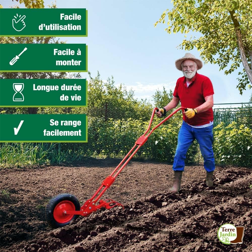 TERRE JARDIN Cultivateur a Roue 40 cm Diamètre 4 en 1 Manuel avec Sarcloir Butoir Griffe Soc de Charrue
