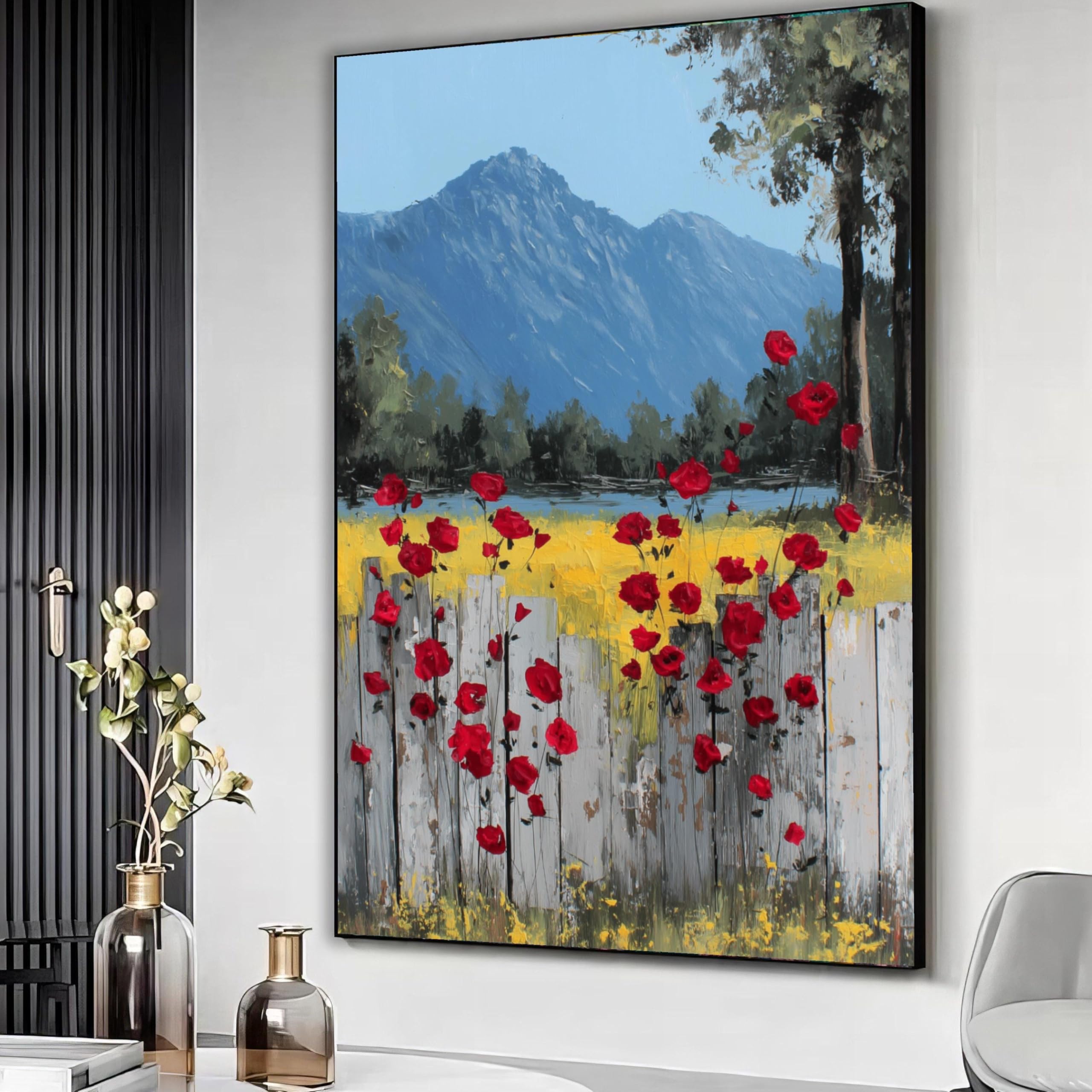 XBTYKPB Red Flower Canvas, Rustic Fence Floral Wall Art, Mountain Landscape Painting, Nature Garden Canvas Decor, Ready to Hang(60x80cm/Frameless)