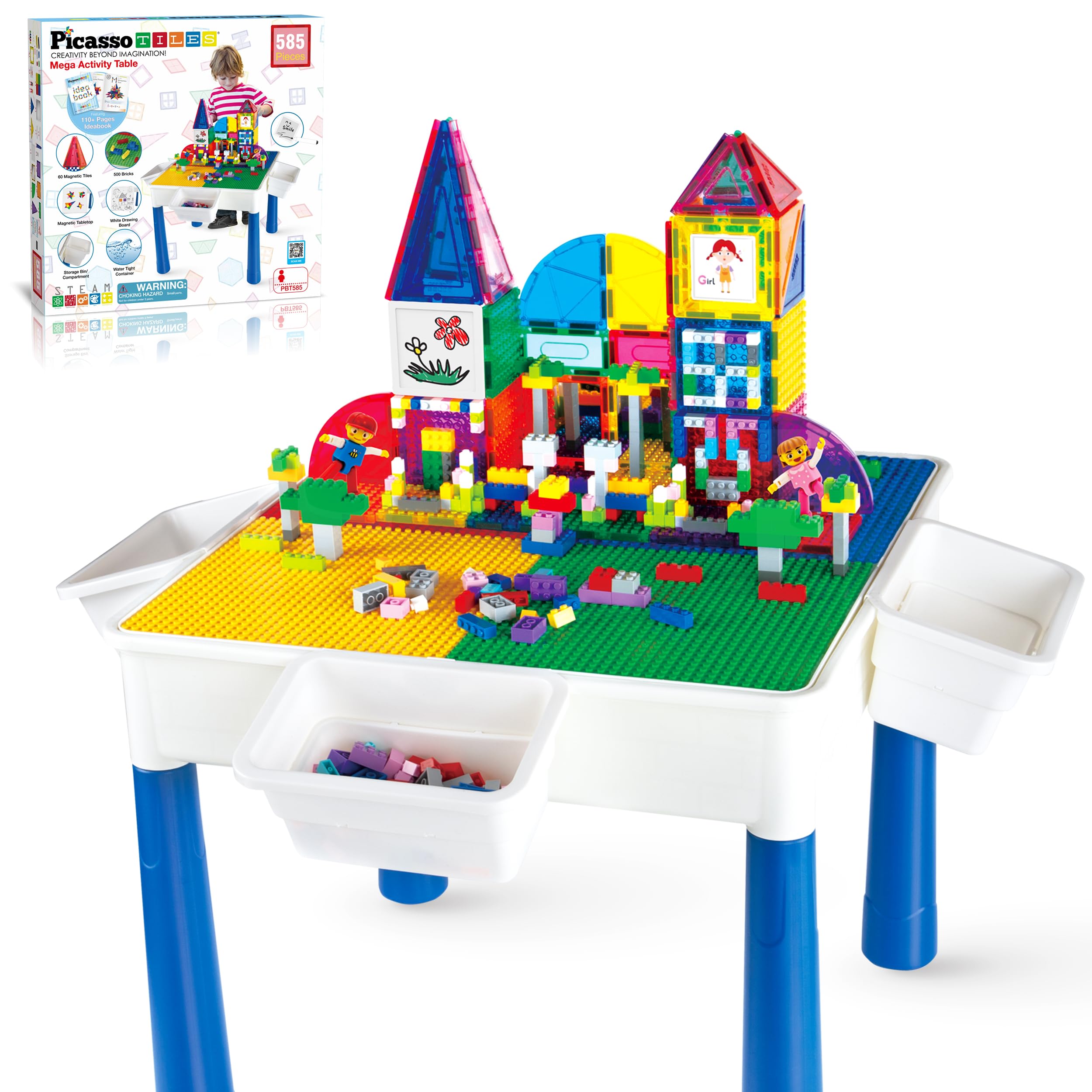 picassotiles 585pc kids activity table magnetic tiles and building bricks stem pretend play learning with reversible brick whiteboard tabletop storage bins and add-on toys boys girls ages 3 pbt585