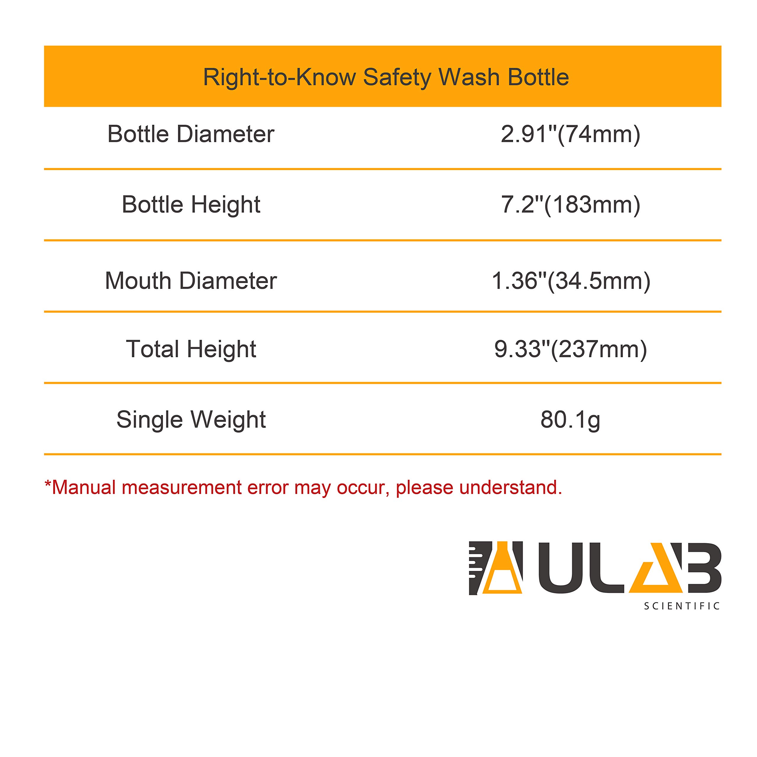 ULAB Scientific UWB1001 - Juego de botellas de lavado de seguridad (acetona, alcohol etílico, metanol, isopropanol, agua destilada, hipocloruro de sodio, 500 ml, con tubo de drenaje)