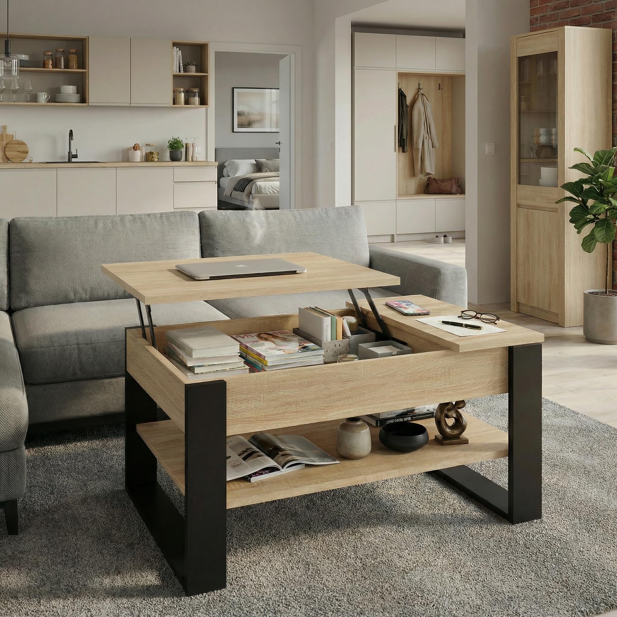 Mesa de Centro elevable | Mesa de salón con almacenaje | Roble Sonoma/Negro | con función Lift