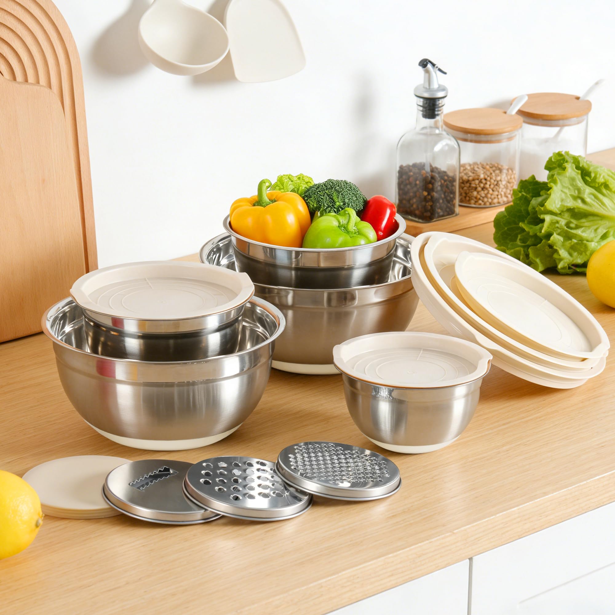 Fire More Set 5 Ciotole Acciaio inox Cucina 4L/2,8L/1,8L/1,5L/1L | Insalatiera con Coperchio e 3 Grattugie, Antiscivolo Ciotole Cucina per Insalata Impilabili, Preparare e Conservare