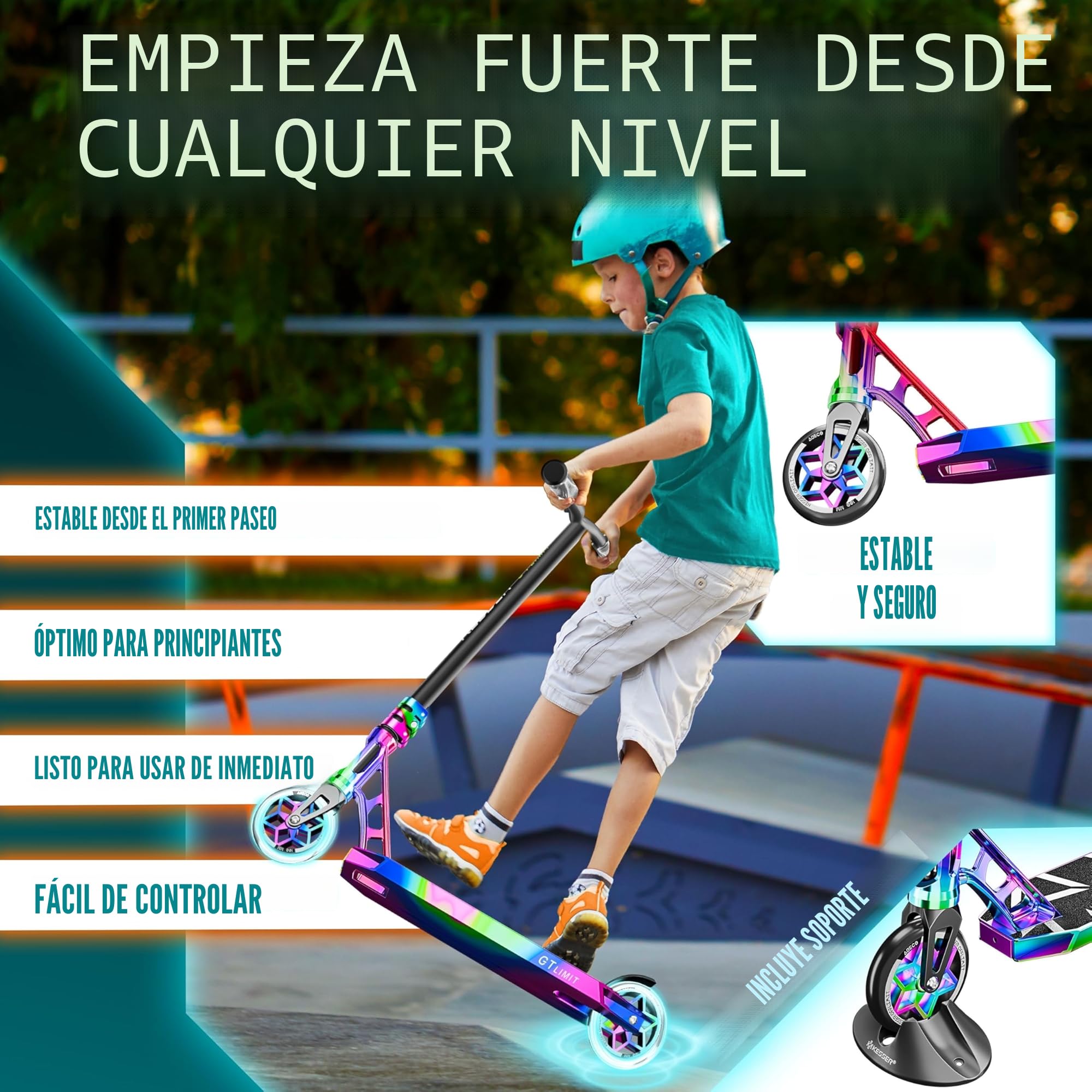 KESSER® Patinete acrobático GT-Limit, Patinete Divertido con dirección de 360Ḟ, Patinete acrobático con Soporte, rodamientos de Bolas ABEC 9, Ruedas de PU de 110 mm, Patinete Scooter