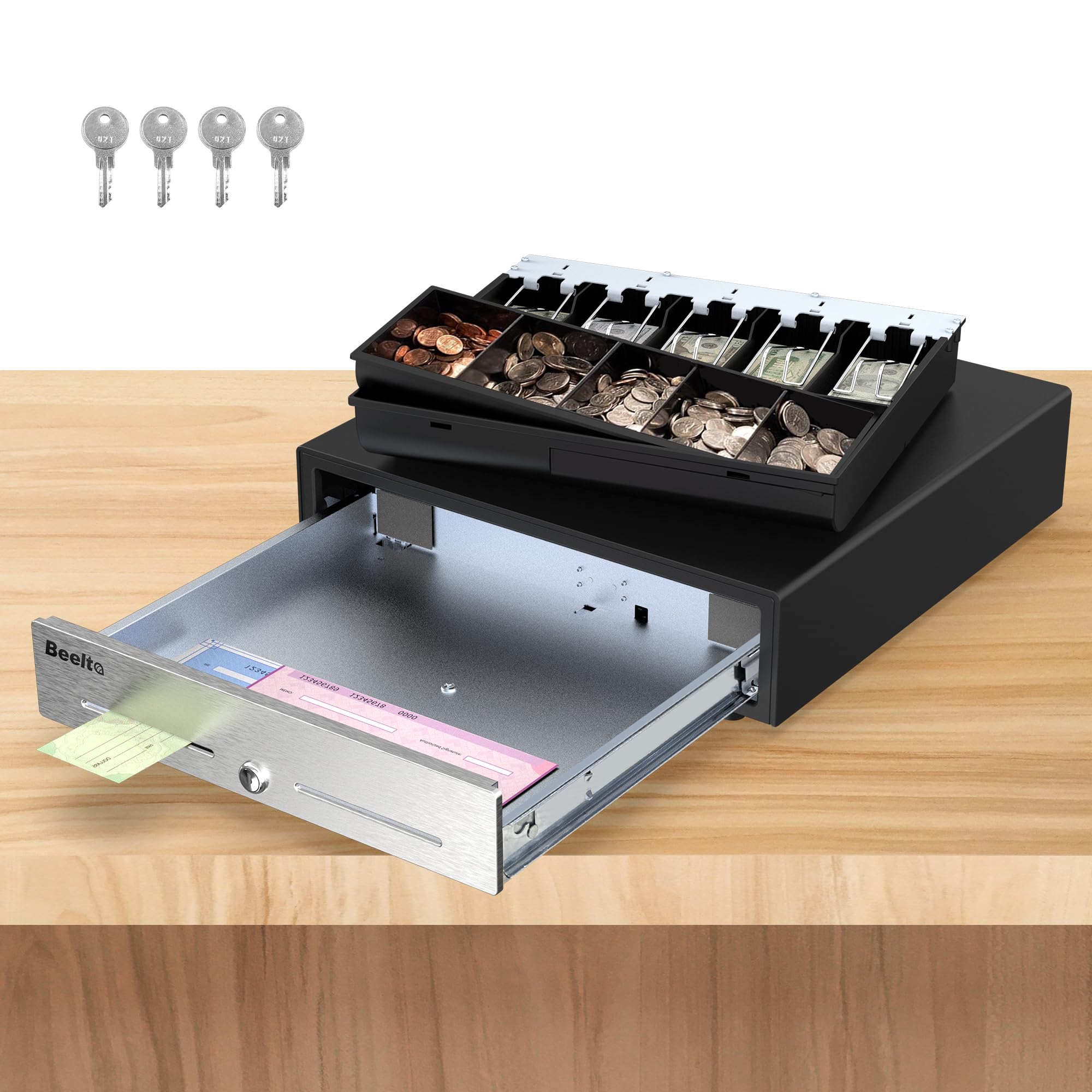 Beelta 16" Cash Drawer for Small Business - Stainless Steel Front Panel, Removable Cash Tray, Electronic Cash Box, 5Bill/5Coin, RJ11/12 Cable Cashier Register