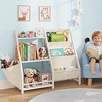 HAVLOTII 3-Tier Montessori Kids Bookshelf & Toy Organizer, Anti-Tip Safety, White - Bedroom Playroom Nursery Storage