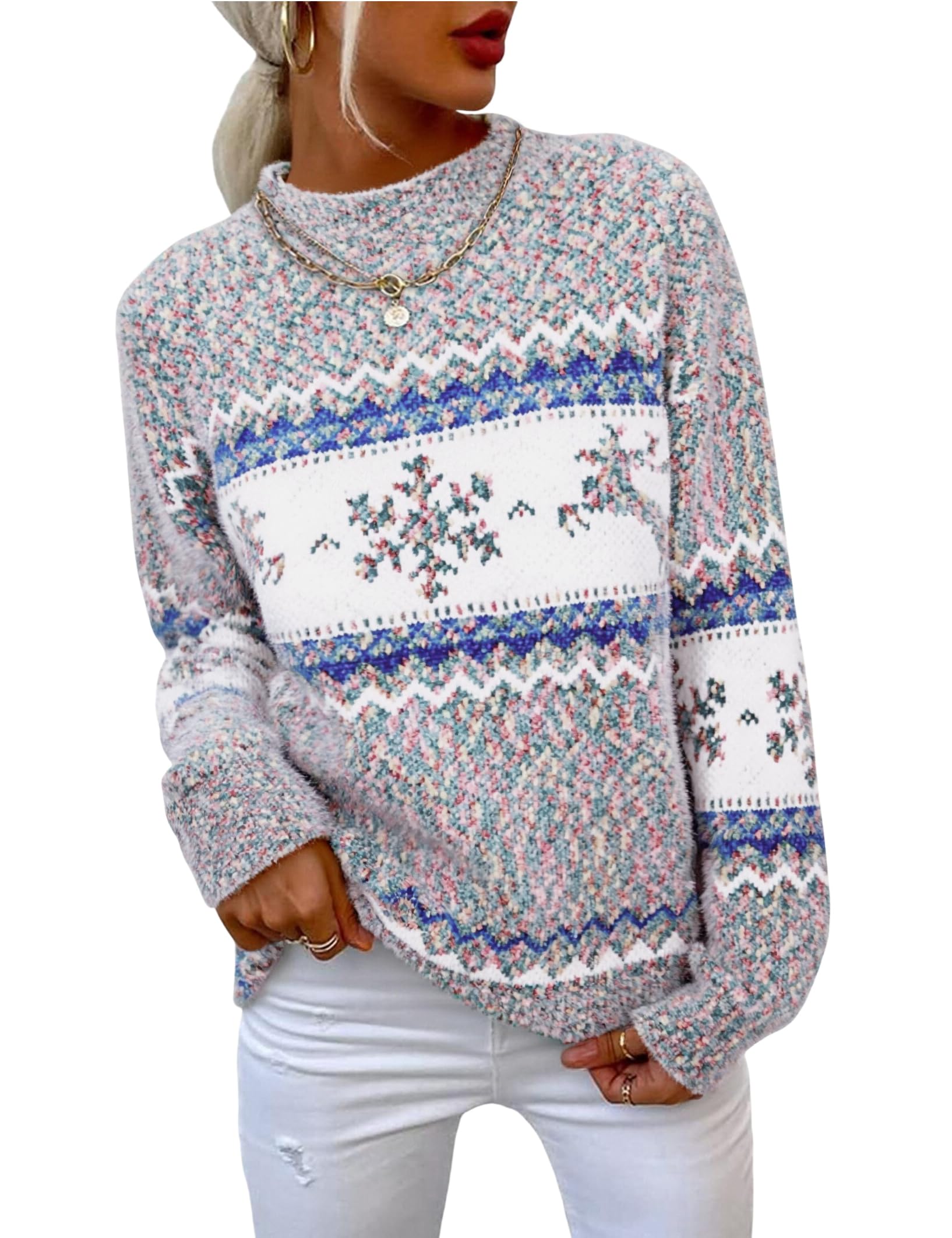 Demegimi Damen Weihnachtspullover Stehkragen Norweger Pullover Warm Christmas Sweater mit Schneeflocken Wellen Rentiermuster Winter Strickpullover für Frauen