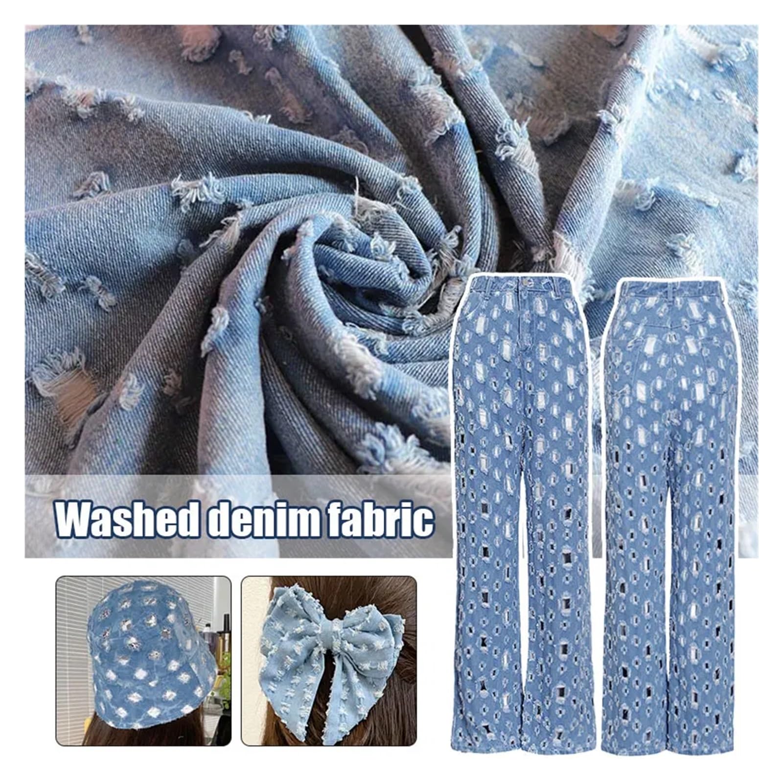 Tela vaquera con agujeros rotos for coser pantalones, chaquetas, blazers, tela vaquera de moda, material for prendas de bricolaje.(Color 02,150X150cm)