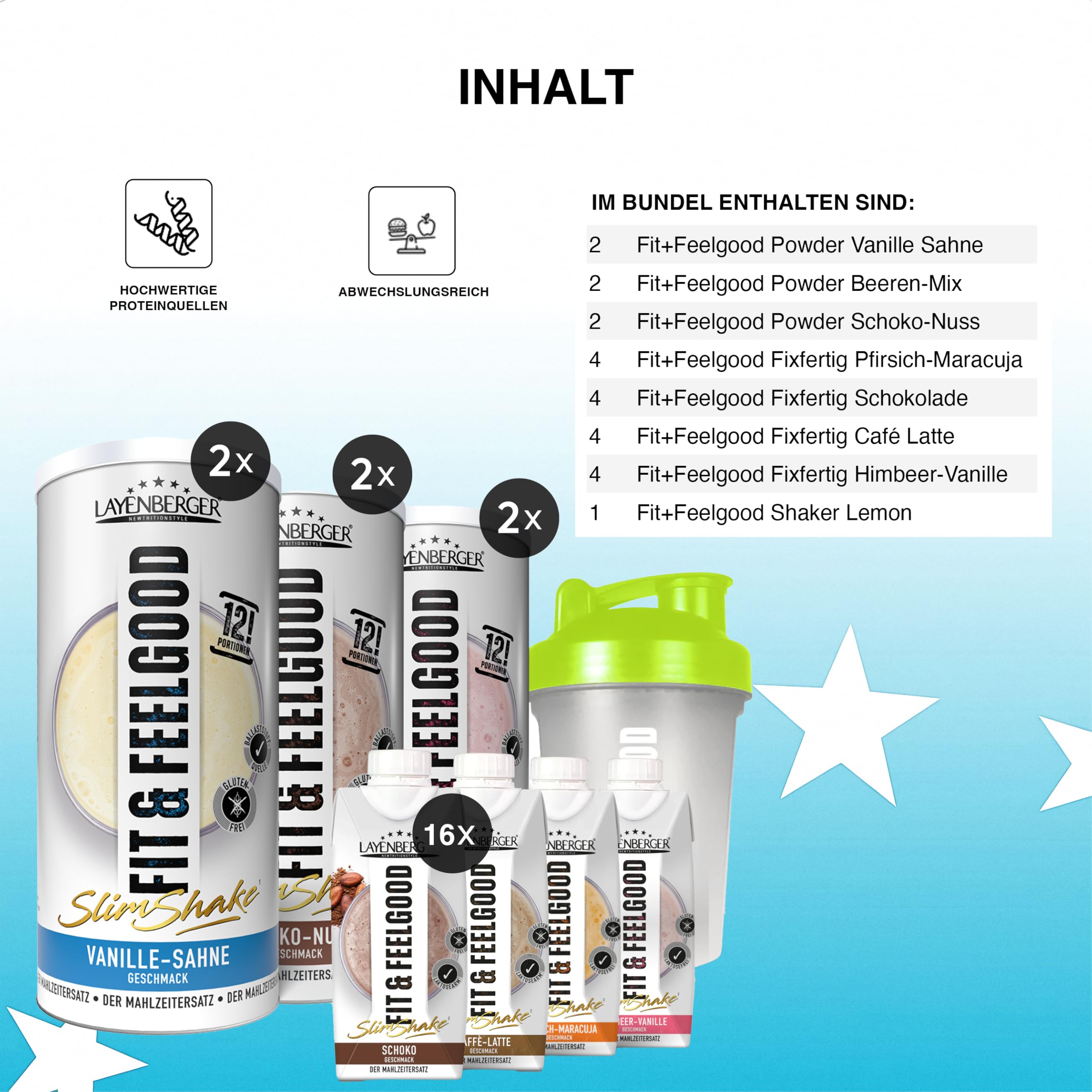 Layenberger Abnehm-Paket Premium - 23er Mix aus Fit&Feelgood Powder (6x 396 g) und Fixfertig (16x 330 ml) für kalorienarmen Mahlzeitersatz - mit Shaker