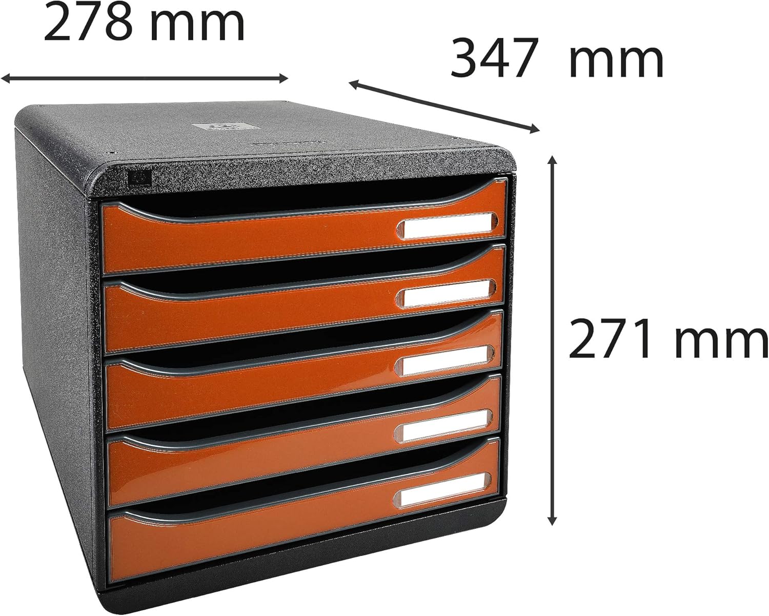 Exacompta - Ref 3097288D - Big-Box Plus Desktop Drawer Set - 5 x 43mm Drawers, Suitable for A4+ Documents, 347 x 278 x 271mm, 100% Recycled Plastic - Black/Glossy Tangerine