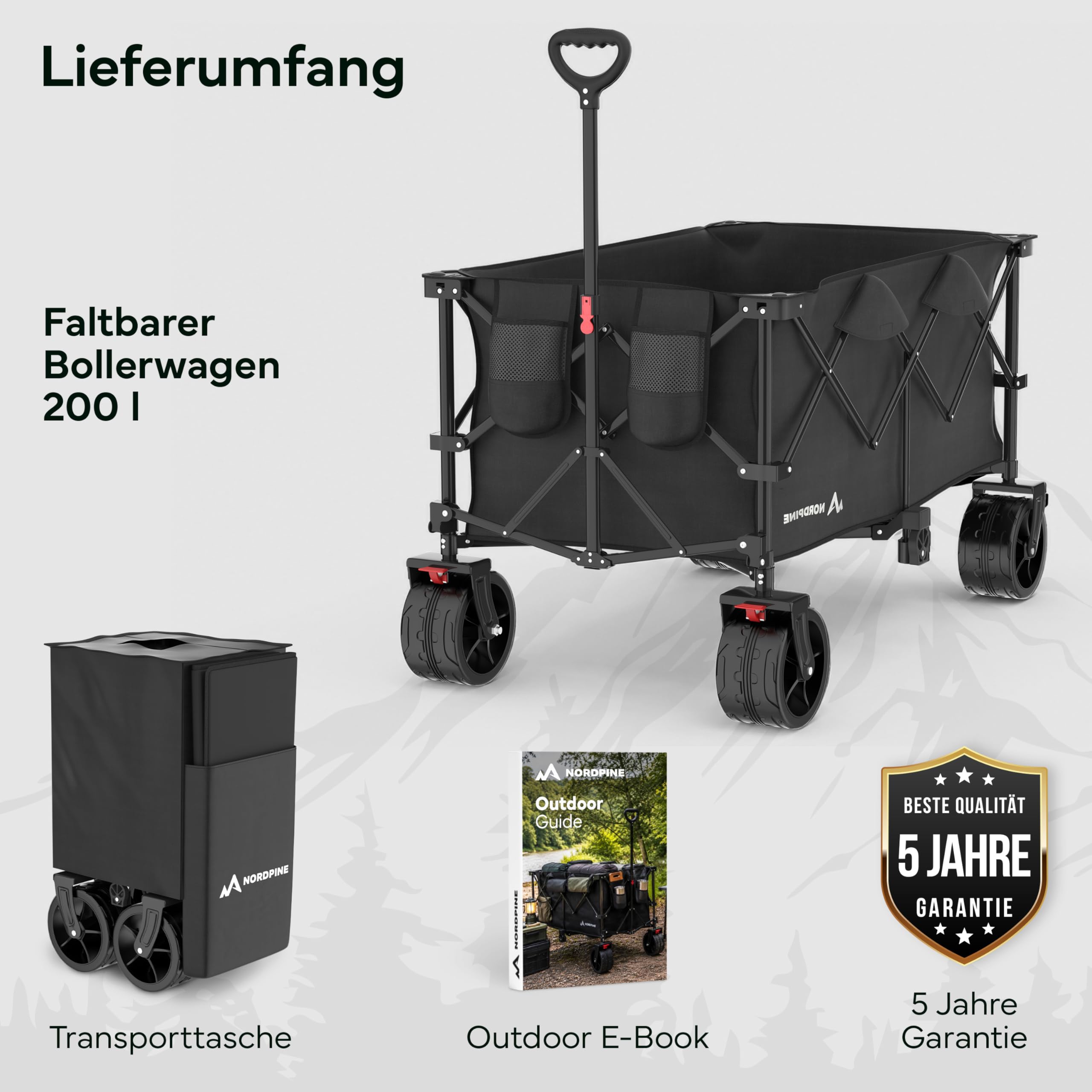 Bollerwagen Faltbar - 200/300 Liter Stauraum für Camping, Festival und Familie - Bis 200 kg Traglast - Extra breite Gummireifen mit Bremse - Klappbar in Sekunden (200 l | Bollerwagen)