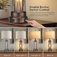 Vista 2 de Qimh Lámparas de mesa de granja para sala de estar, lámpara de mesita de noche rústica para dormitorio con puertos de carga USB A+C, lámpara