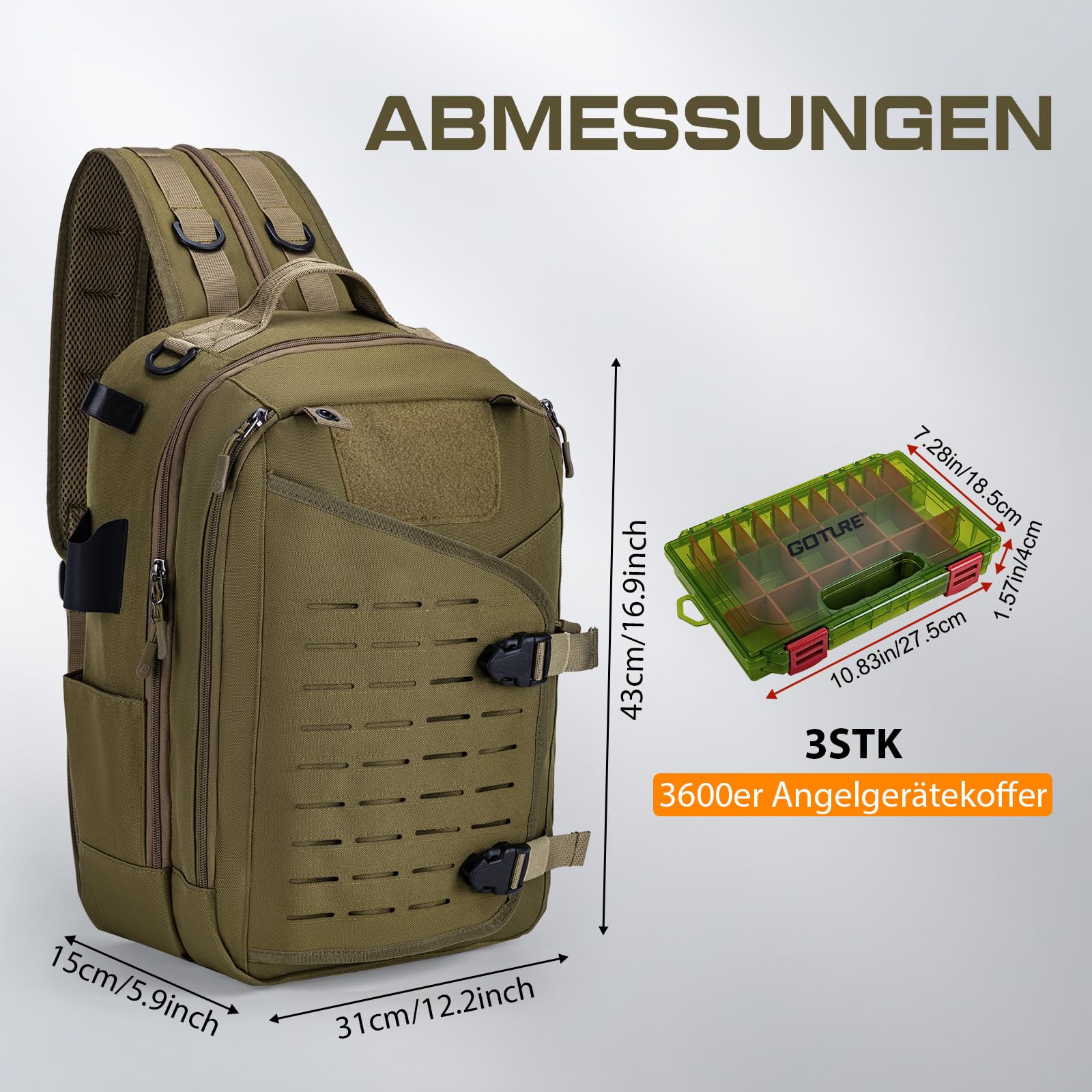 Goture Sling Tackle Bag - Borsa a tracolla da pesca, con porta canna da pesca, sistema MOLLE, spazio per esche artificiali e accessori, Cachi con 3 scatole per esche, Tracolla