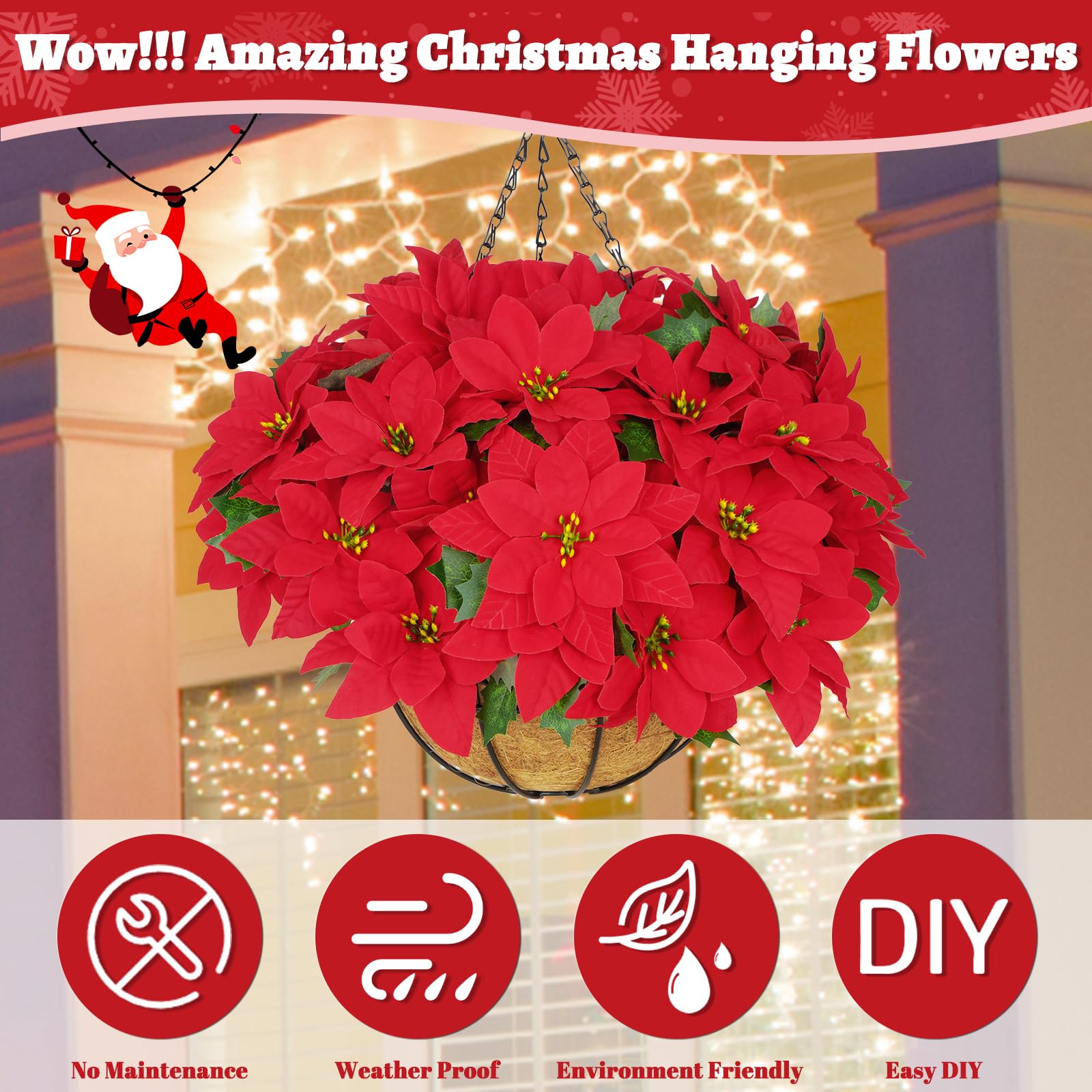 BLEUM CADE Weihnachtsdekorationen - Künstliche Weihnachtsblumen Hängende Weihnachtssterne mit Korb für den Außenbereich, künstliche hängende rote Weihnachtssterne für Weihnachtsdekoration,