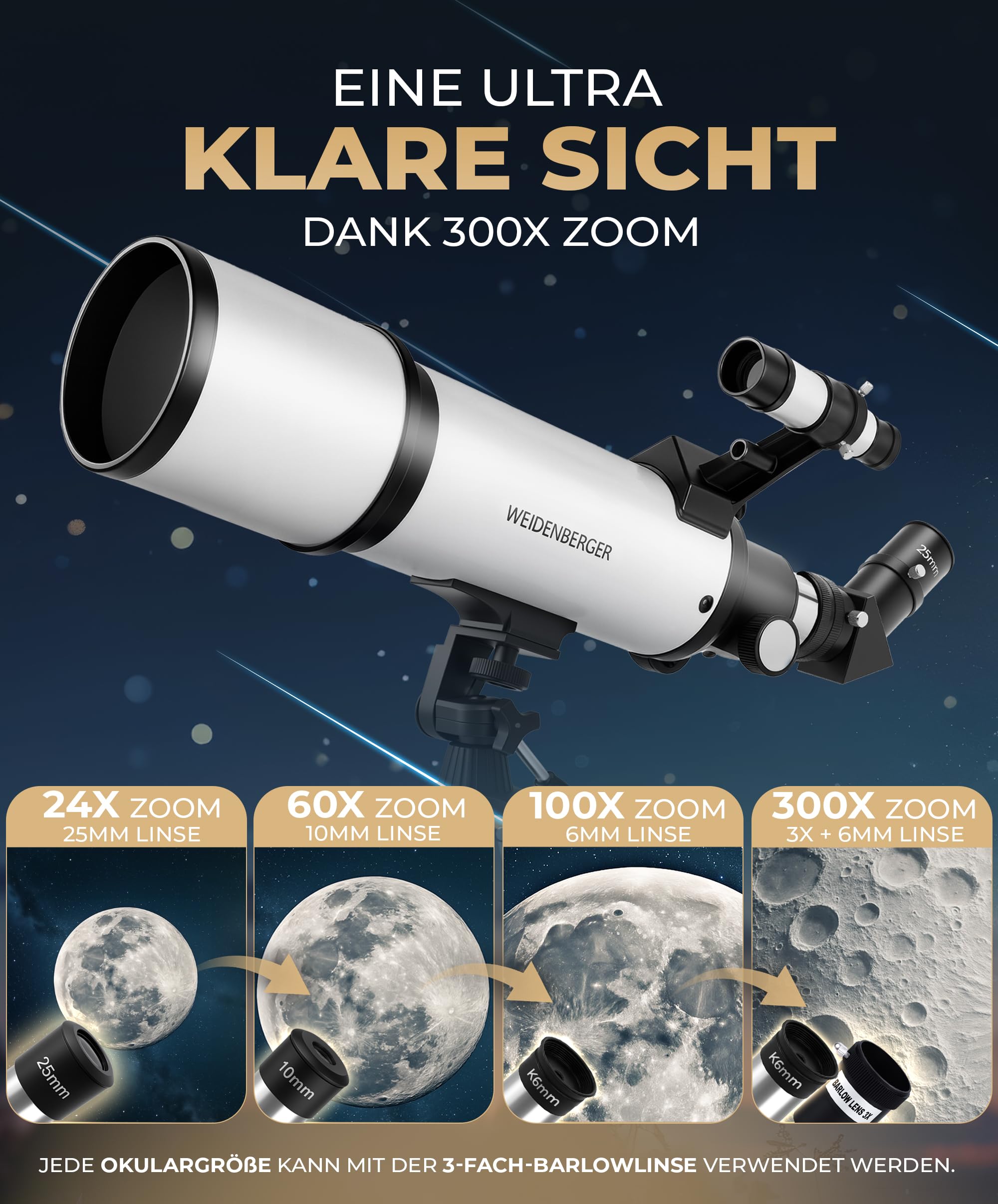 Teleskop 80600 – Refraktor-Fernrohr, 800 mm Brennweite, 60 mm Öffnung mit 3 Okularen + 3× Barlow-Linse, Sucherfernrohr, Stativ & Handy-Adapter – für Erwachsene & Einsteiger