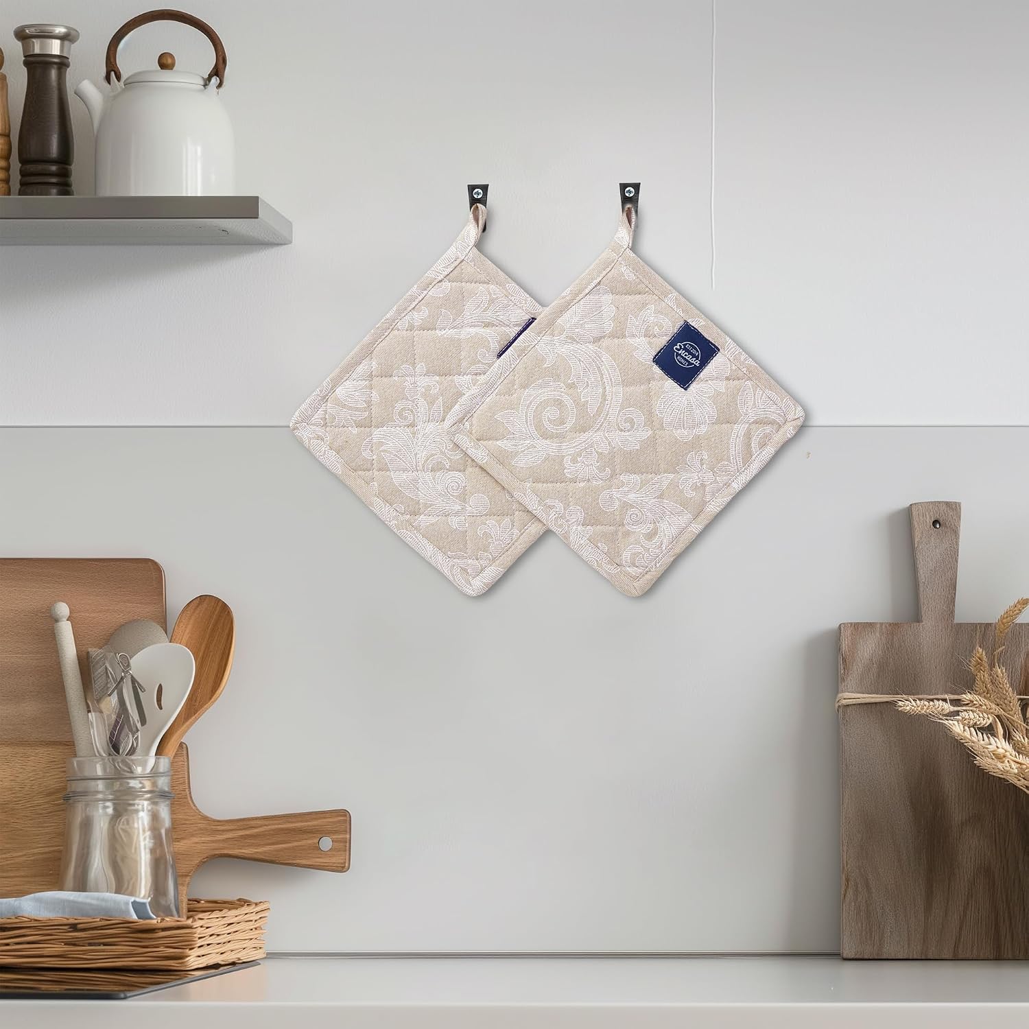 Encasa XO Pot Holders, Quilted Kitchen Hot Pads 8"x8" Beige