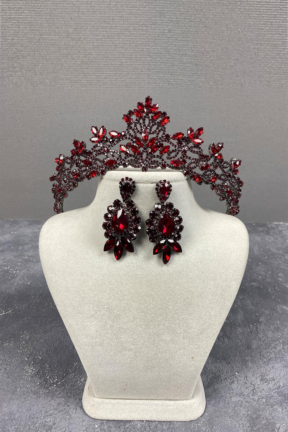 Hobigram Bordo Melissa Model Gelin Tacı Ve Üçlü Mekik Taşlı Küpe Takımı
