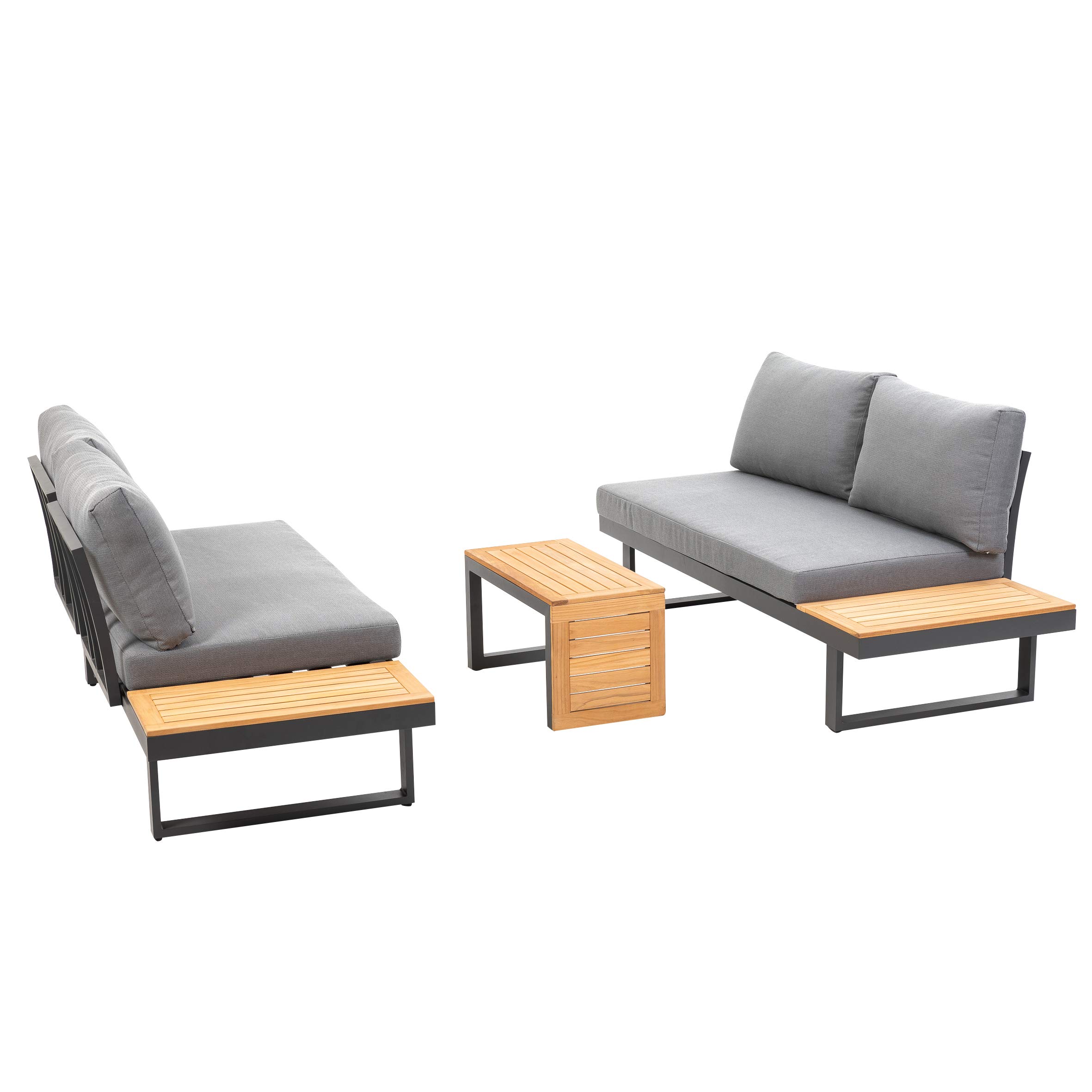 greemotion Ensemble Salon de Jardin Samara, Set de 2 Canapés et Table en Bois d’Acacia FSC® 100%, Cadre Aluminium, Coussins en Polyester Inclus, Gris/Bois