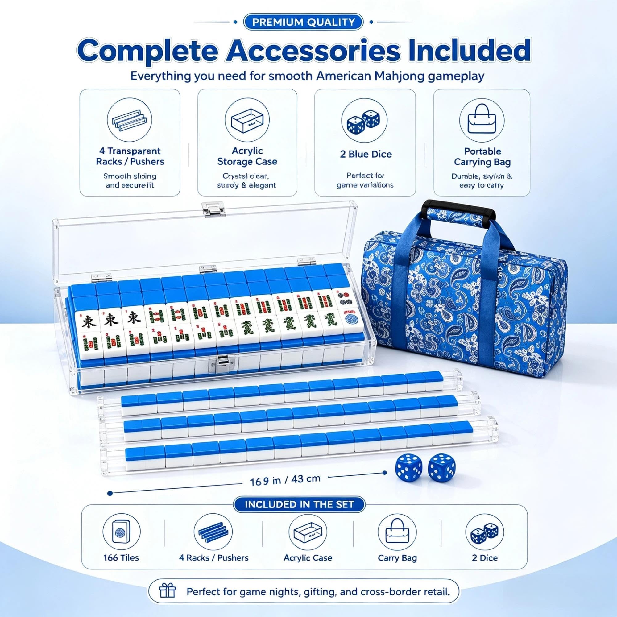 Komplettes amerikanisches Mahjong‑Set, 166‑teilig mit Zubehör | Amerikanisches Mahjong‑Set,166 Melamin‑Steine,Acryl‑Gestelle,Koffer,Tasche,optionale Matte für Familienspiele