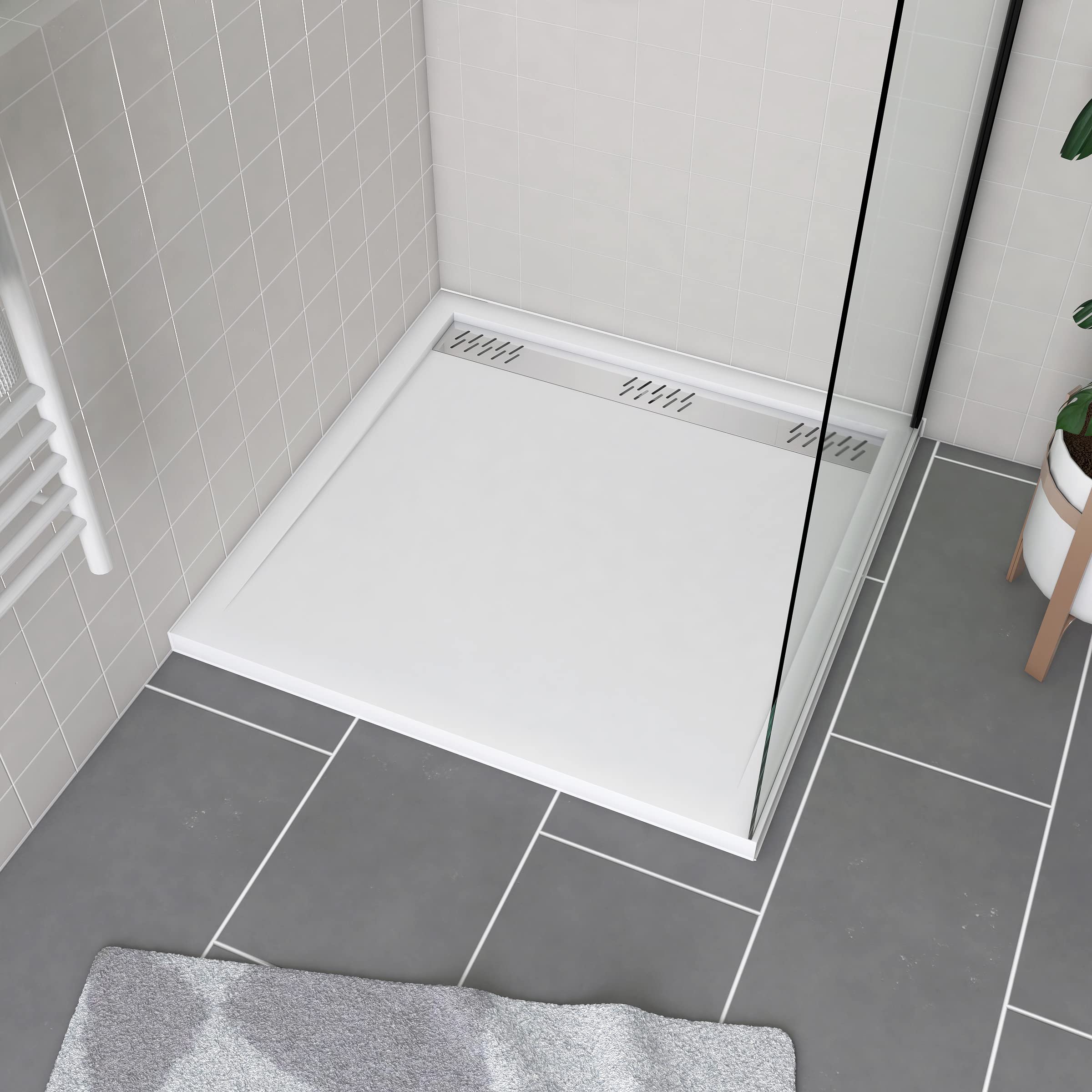 Receveur en acrylique blanc 90x90x4 cm avec sa grille linéaire chrome Whiteness II